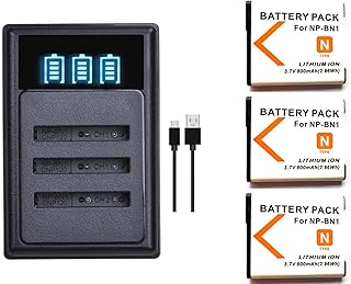 NP-BN1 Compatible Battery 3-Pack Set + Rapid Charger with USB-C Charging Cable (Capable of Charging 3 Batteries simultaneously, Includes Plastic case)