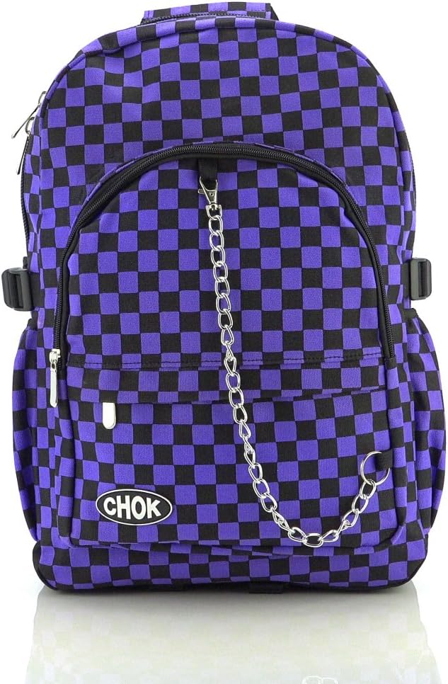 Checker Black & Purple Backpack Rucksack Skateboard Bag with Laptop Protection | School College Travel Work | Check Goth Rock Emo Skate | CHOK
