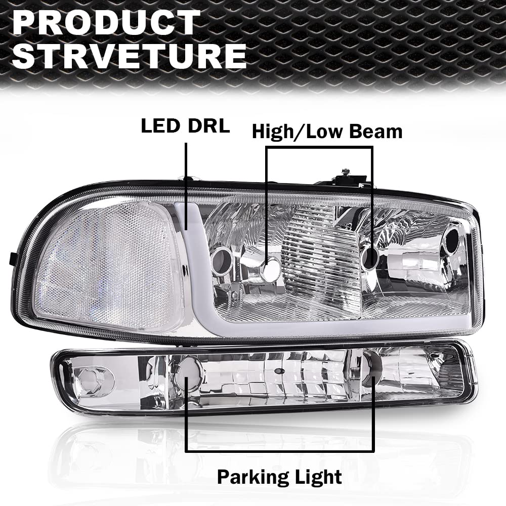 CNNELL LED Headlights Compatible with GMC 1999-2007 Sierra 1500/Yukon, 2001-2007 Sierra 1500 HD/2500 HD/3500 w/Bumper Signal Lamps(Clear lens Chrome Housing Clear Reflector)