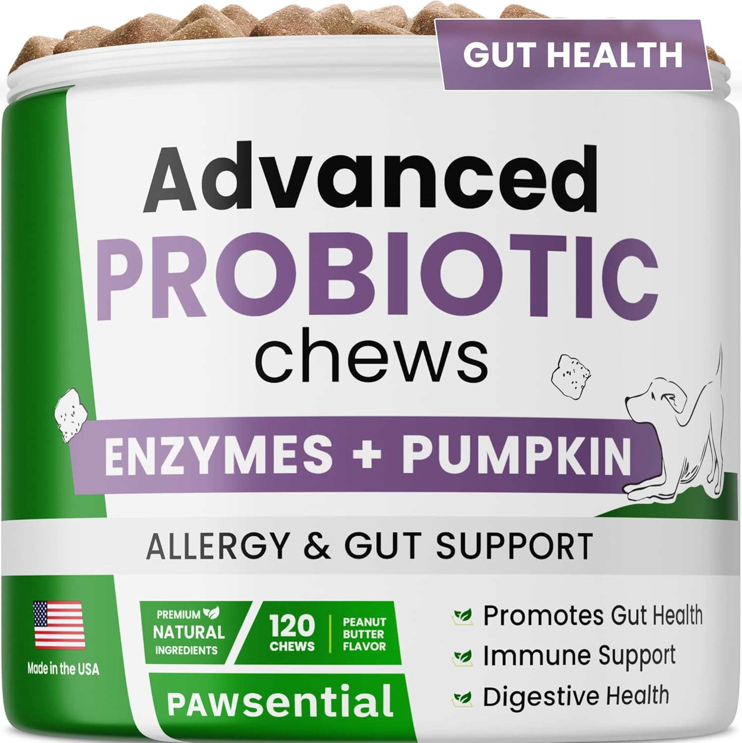Dog Probiotic Chews for Digestive & Gut Health – Advanced Formula with Yeast, Enzymes & Fiber – Diarrhea Gas Stomach Relief Treats – Chewable Pet Digestion Supplement (120Ct Peanut Butter)