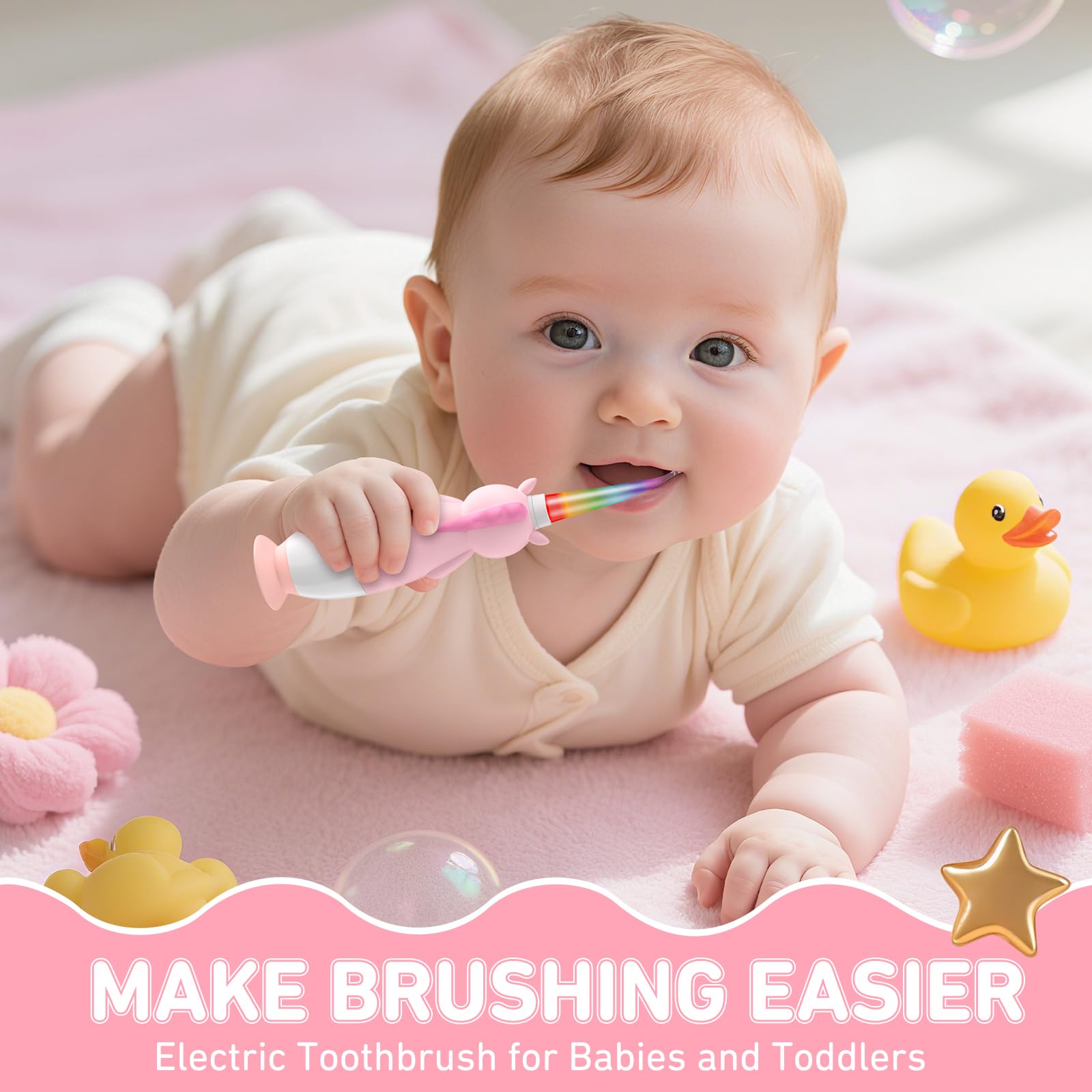 YUNCHI Spazzolino elettrico per bambini 0-3-6 anni, spazzolino elettrico per bambini con luce LED colorata, alimentato a batteria, con timer di 2 minuti, 4 testine, spazzolino da denti per neonati