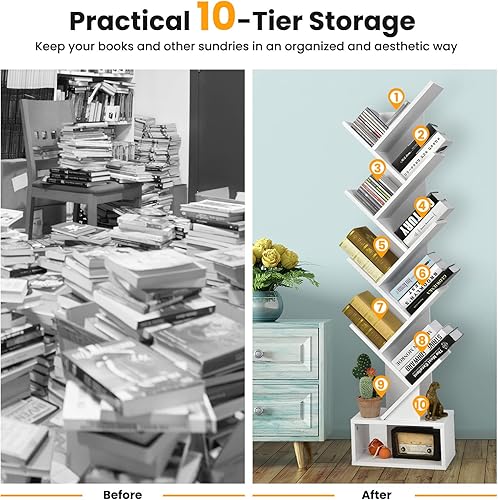 Miniatura 7 de Giantex Estantería de árbol con cajón, 10 estantes que ahorran espacio, estantería de madera blanca, estante de almacenamiento de madera retro