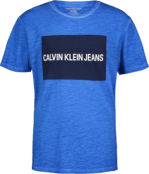 Calvin Klein Boys' Short Sleeve Graphic Crew Neck T-Shirt, Comfortable, Relaxed Fit, Washed Prince Blue, 14-16