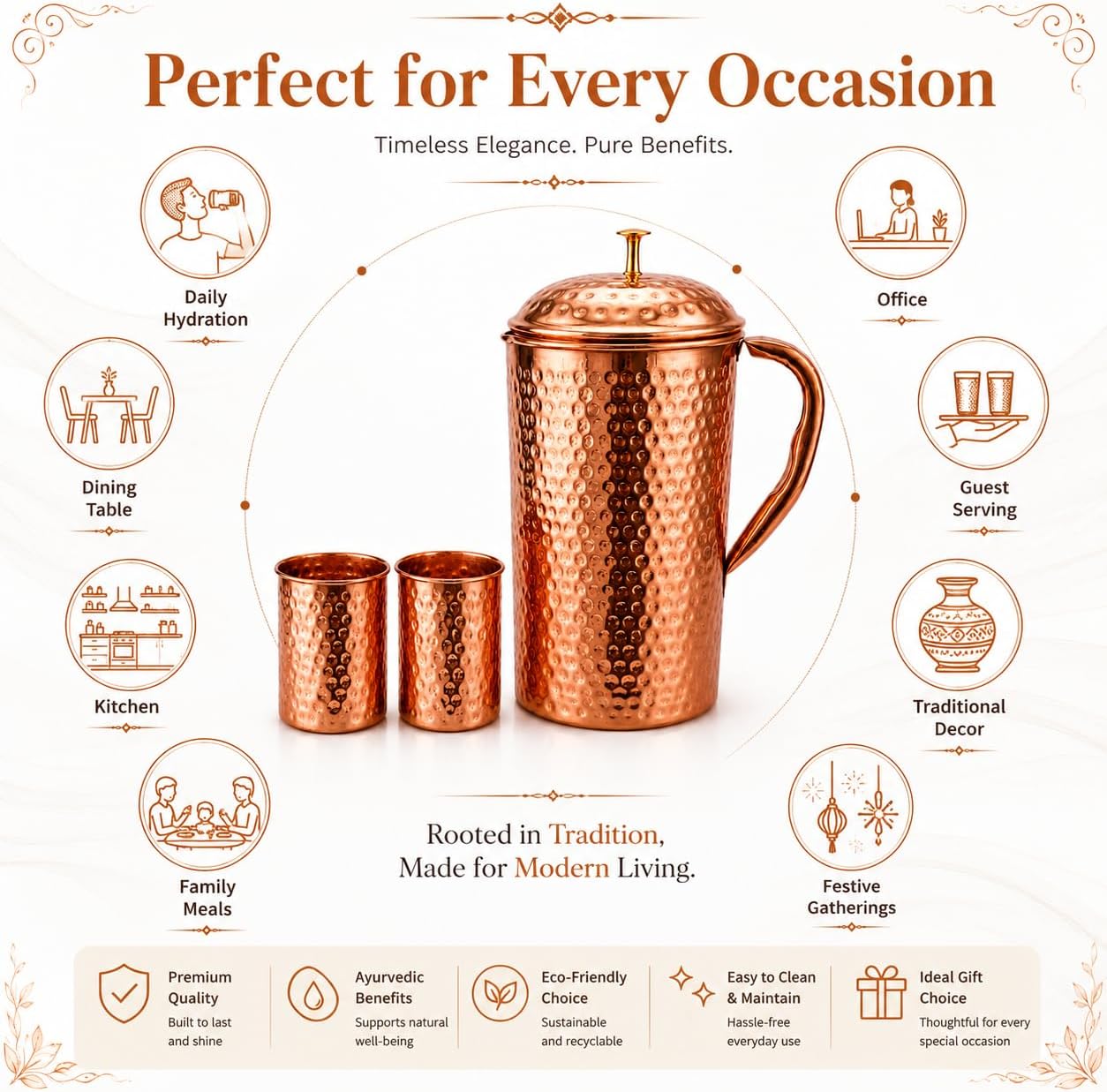 Premium Hammered Pure Copper Water Jug with Lid and 2 Matching Copper Tumblers Traditional Drinkware Set Elegant Water Pitcher for Home Kitchen Dining Office Restaurant Gifting and Daily Beverage