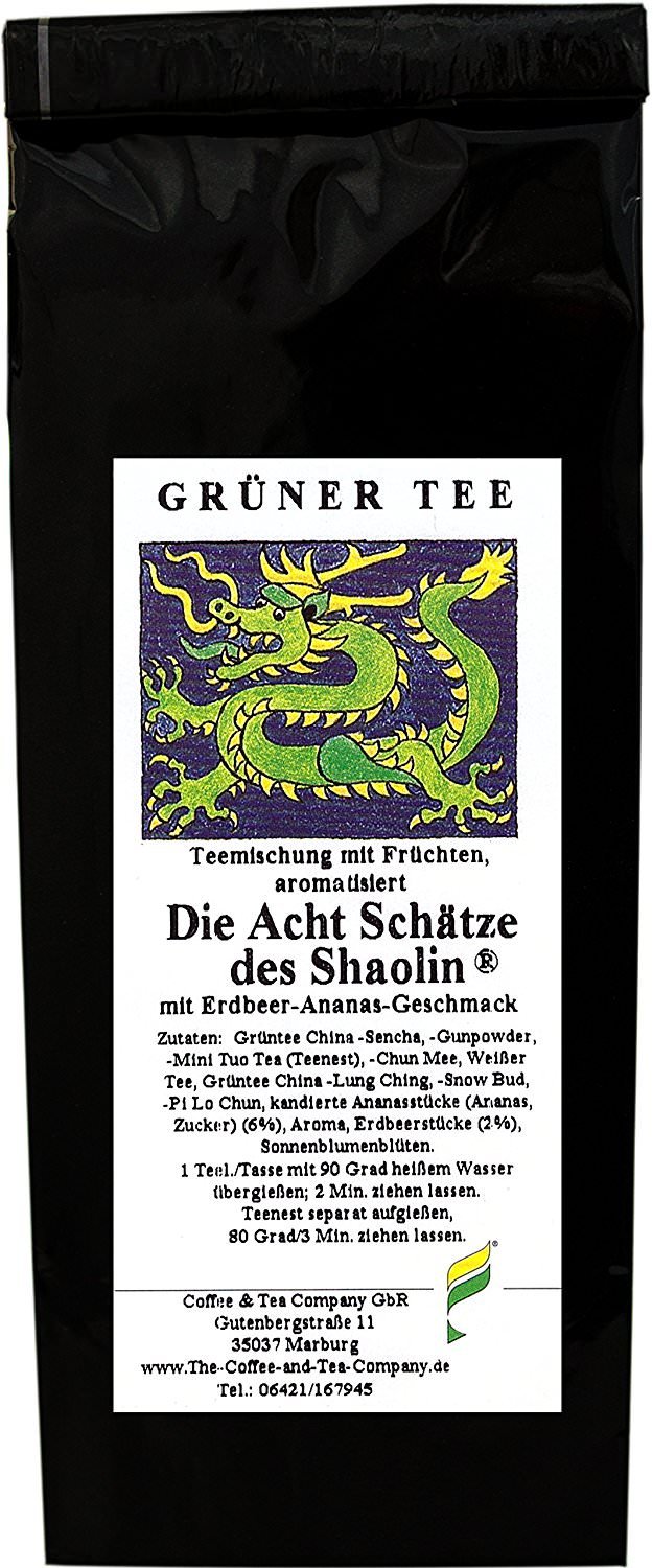 Florapharm Grüntee aromatisiert Die Acht Schätze des Shaolin 1000g Erdbeer-Ananas-Geschmack Nachfüllpack Lose