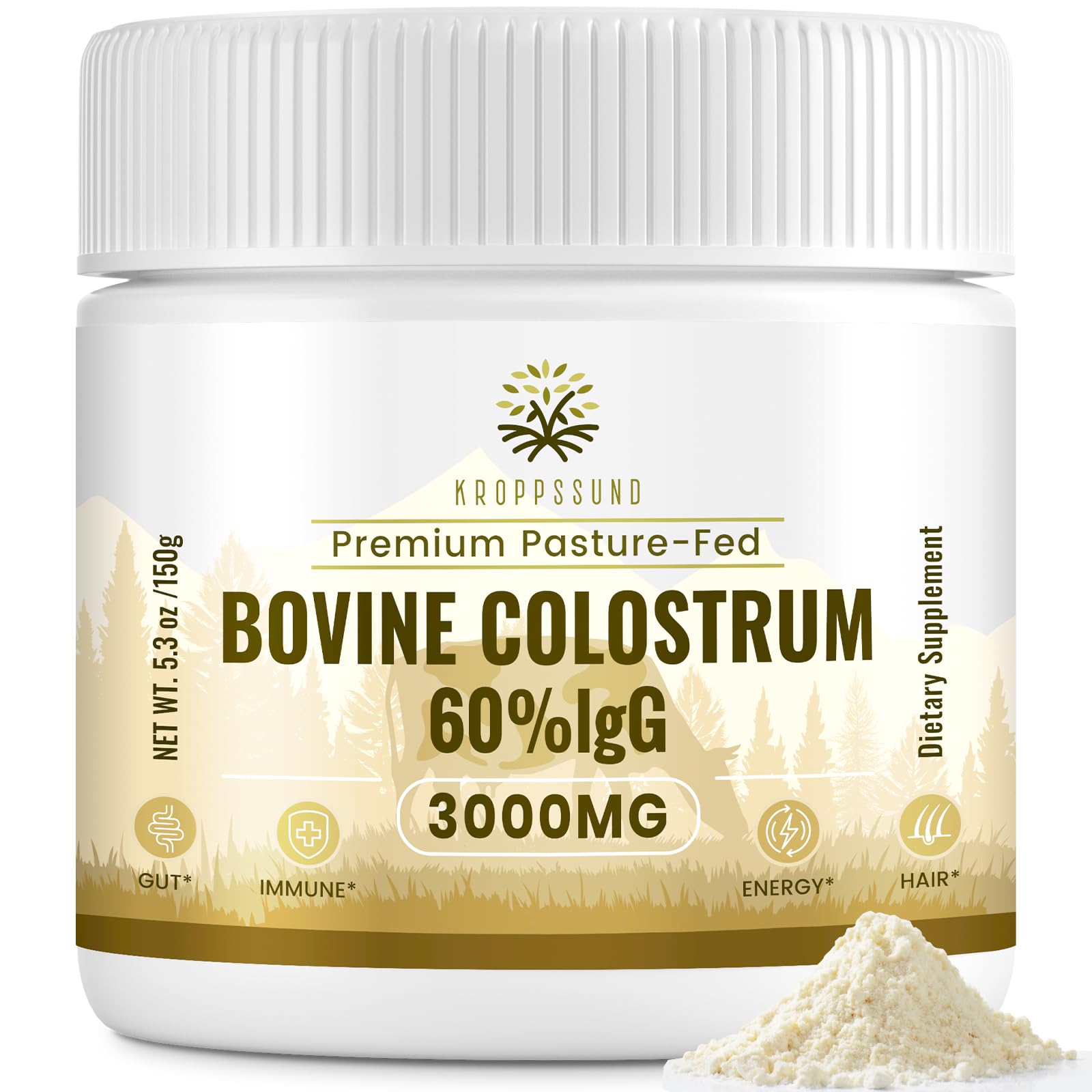 Kroppssund Bovine Colostrum Powder Supplement 3000 mg - Extra High 60% IgG Bovine Colostrum - Gut, Bone, Exercise, Immune - 50 Servings (1 Bottle)Kroppssund Bovine Colostrum Powder Suppl…
