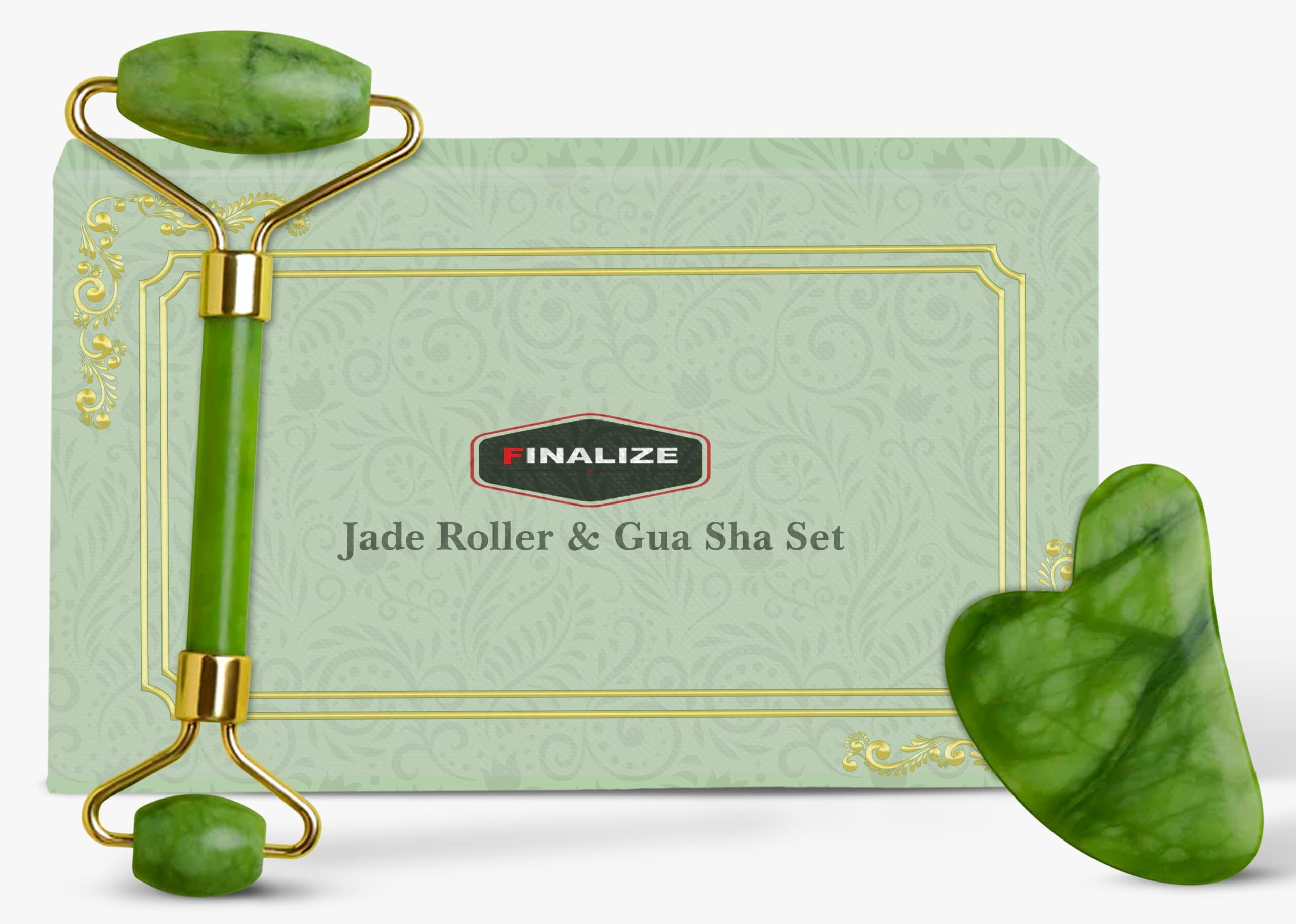 Finalize Face Massager Roller Massager Roller And Anti Aging 100% Natural Stone Jade Roller With Gau Sha Stone Facial Massager Soothing Firming Skin - (GREEN STONE,)