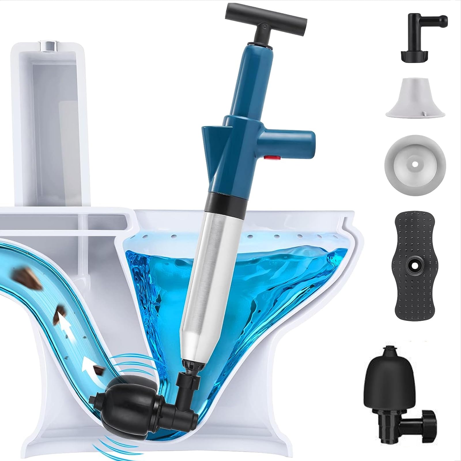 Pistola de émbolo de acero inoxidable con aire de alta presión – Desatasca los drenajes fácilmente, 3 cabezales reemplazables, hasta 120 psi – Baño, cocina, bañera, drenaje de suelo – Presión de