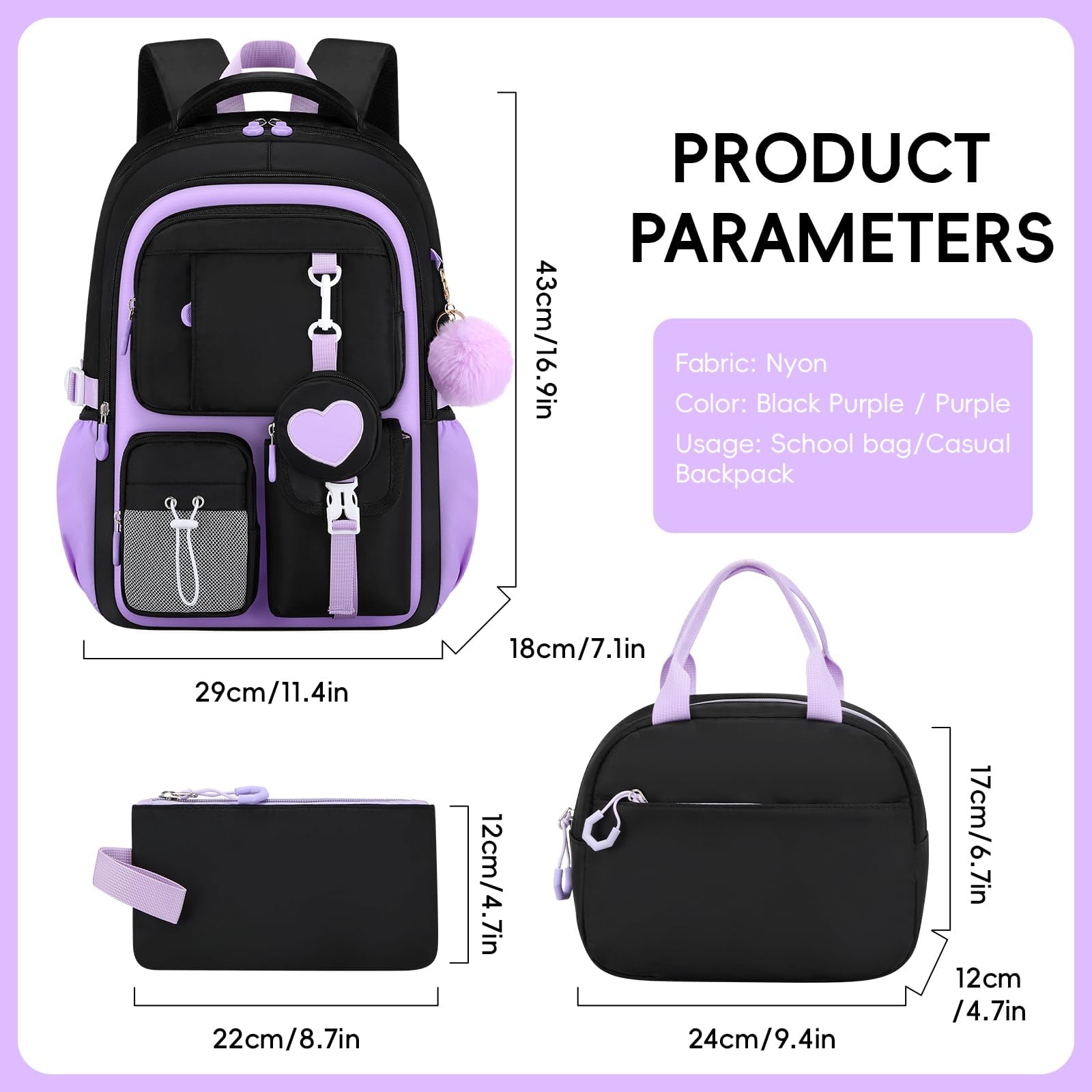 Amythe Set 4 Pezzi Zaino Ragazza 3a-7a Elementare Scuola Viaggio