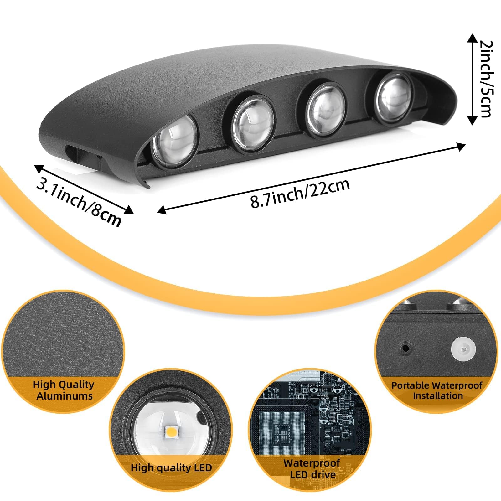 Lureshine 2 Stück Wandleuchte Innen, 22x8x5cm Up an Down Wandlampe, Aluminium-Druckguss Aussen 8w Schwarz IP 65 LED 3000K Warmweiß, für Wohnzimmer Schlafzimmer, Flur, Balkon, Treppenhaus