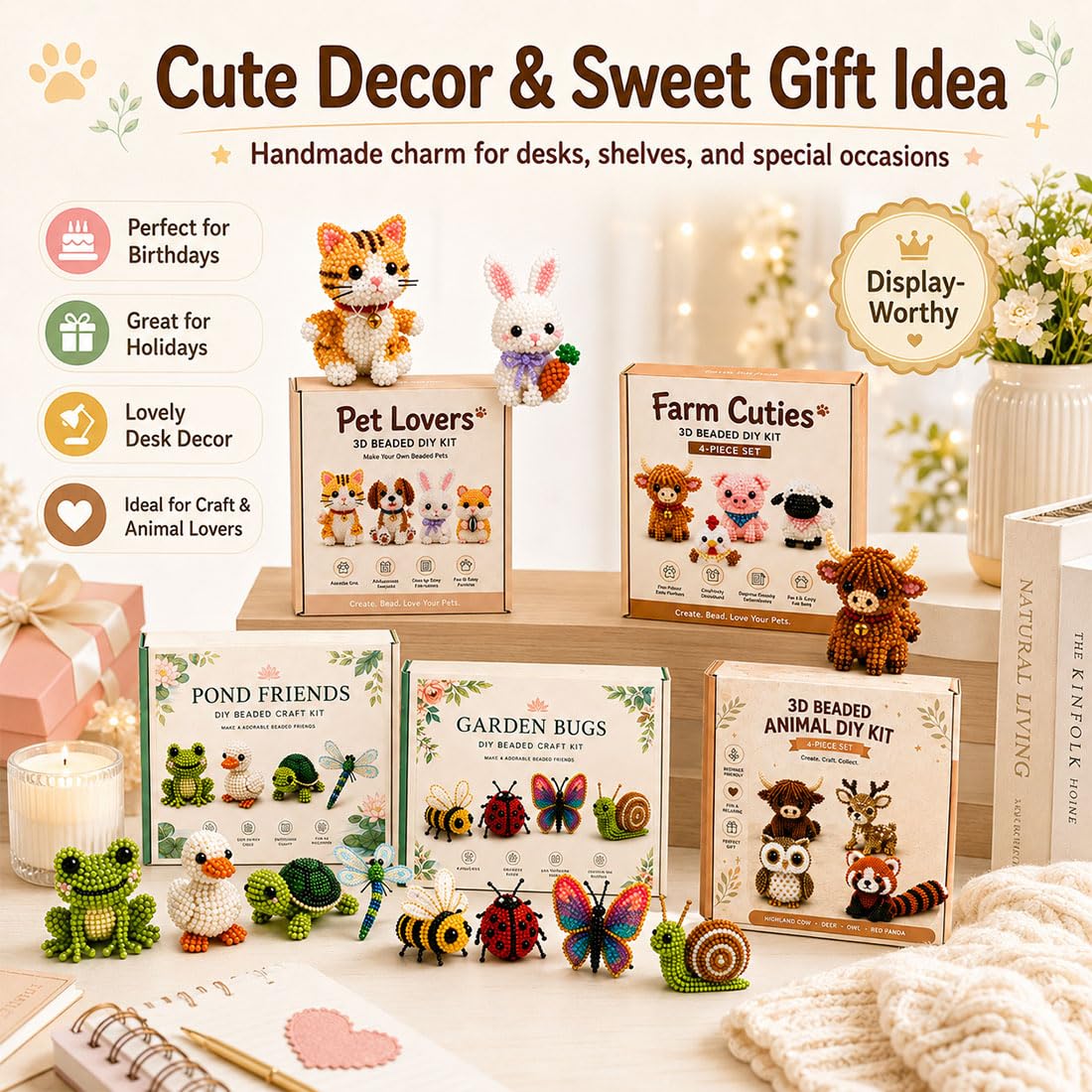 Liocwocne Tiny 3D Beaded Animal DIY Kit, Cute Bird and Animals Bead Making Set with Instructions, Handmade Beadwork Embroidery Art Craft Kits, Creative Jewelry Gift for Adults Teens (E)