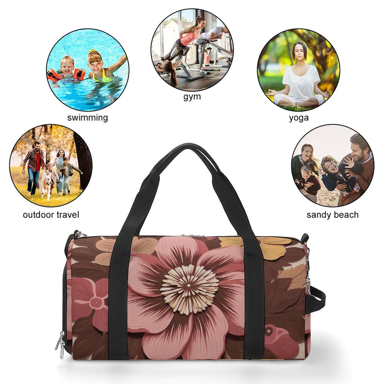 Sporttasche für Damen und Herren, mit Schuh- und Nassfach, Reisetasche, Braun, Blumenmuster, Wochenendtasche, Handgepäcktasche für Schwimmen, Fitness, Workout, Sport, Dufflebag, Stil 3, Einheitsgröße,