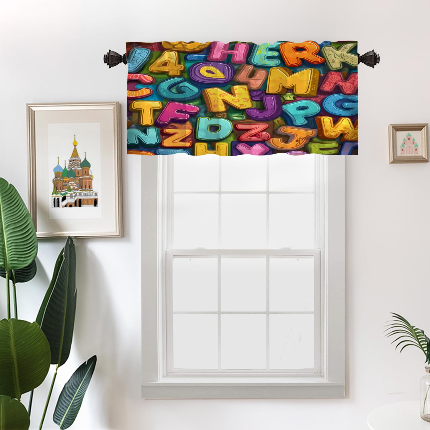 Batmerry Colorful Alphabet Kids Learning Aid Kitchen Curtains, Fun Typography Letter Art Window Treatments Blackout Valance Curtain for Living Room/Bathroom, 52X18 Inches
