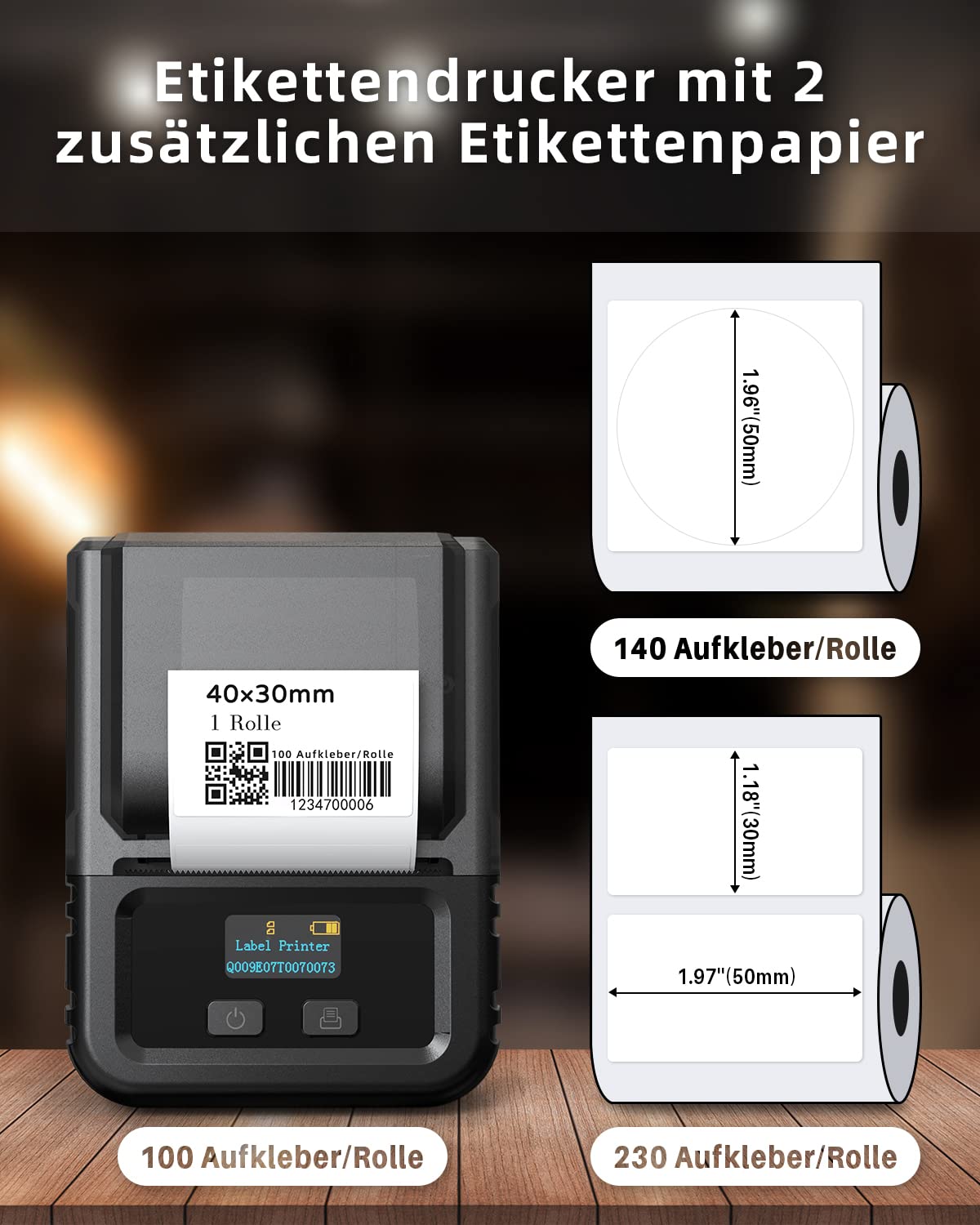 Phomemo M120 Etikettendrucker mit 3 Rollen Etikettenpapier, Bluetooth Thermo Beschriftungsgerät,Tragbare Monochrom Etikettiergerät für kleine Unternehmen, Heimetiketten, for iOS & Android