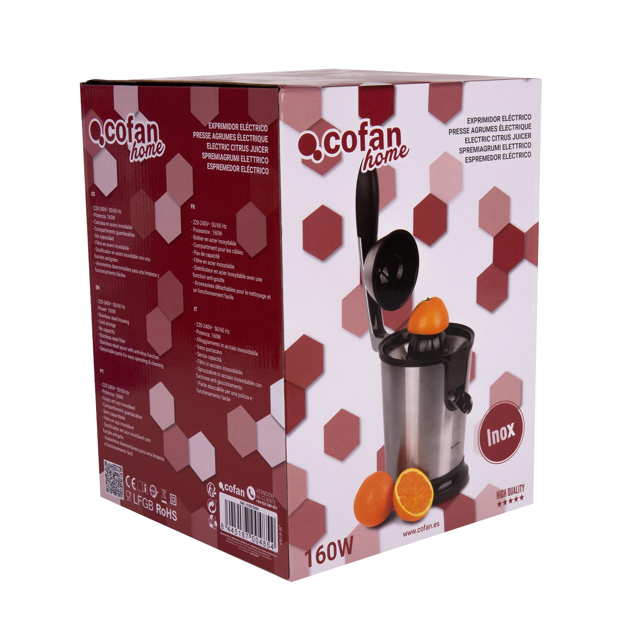 Cofan Presse-agrume Électrique | Modèle Ribadeo | Puissance 160 W | Convient au Lave-vaisselle | Fabriqué en Acier Inoxydable | Composants Non Électriques Lavables au Lave-vaisselle