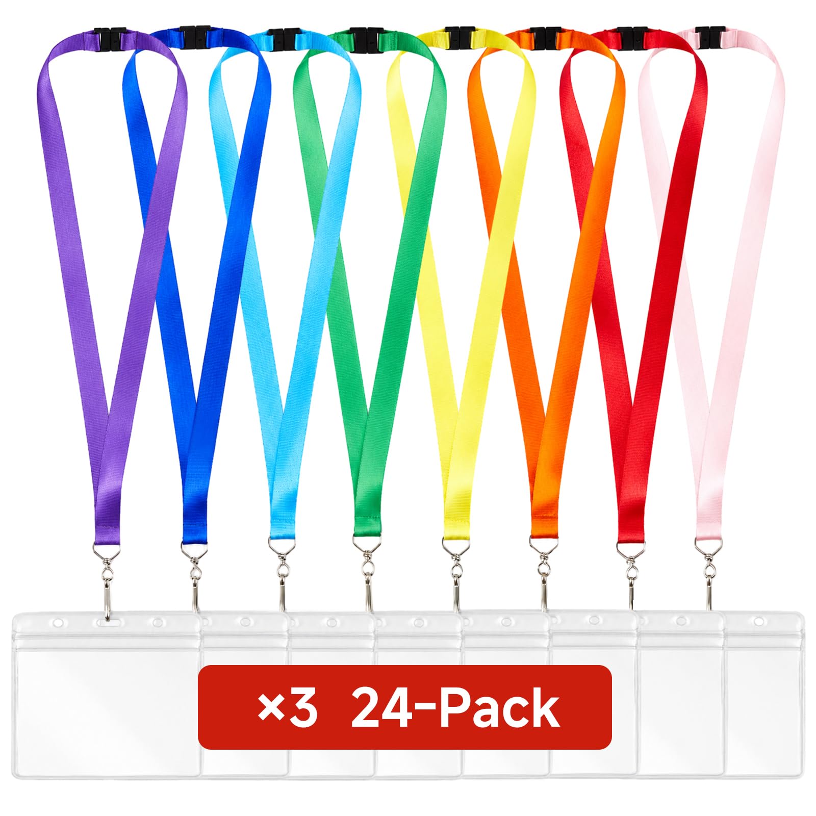 Zonon 24 Pack Lanyard for ID Badges, Rainbow Lanyard Neck Strap with Clear Waterproof Horizontal Card Holder for Keys, Plane Ticket and Office