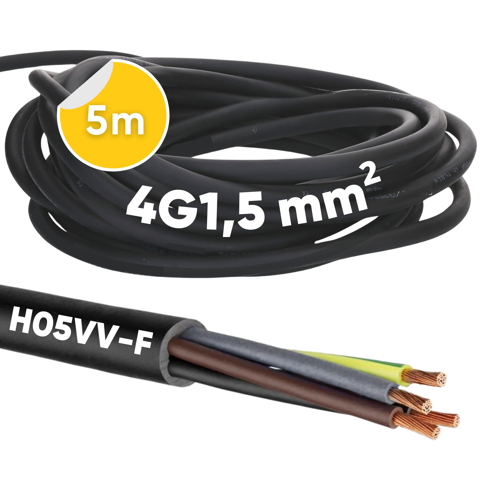 Kalitec H05VV-F - Câbl d'alimentation 4 x 1,5 mm² - 5 m - Câble en PVC pour l'intérieur - Câble électrique noir