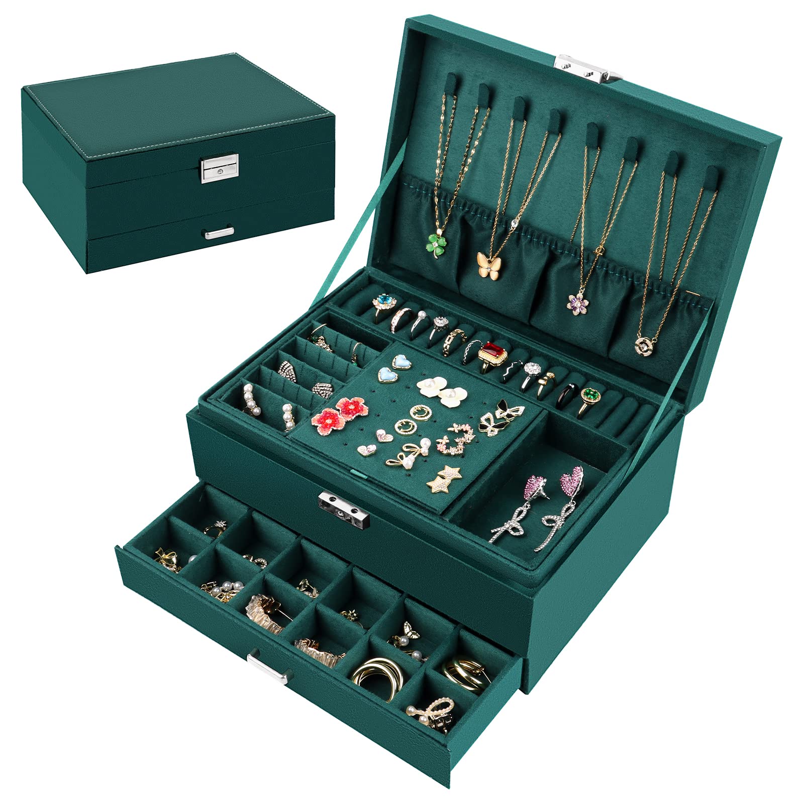 talifoca Boite a Bijoux Femme Fille, Boîte à Bijoux Velours Trois Couche Verrouillable Grande Capacité Boite de Rangement Bijoux pour Colliers, Boucles d'oreilles, Bracelets