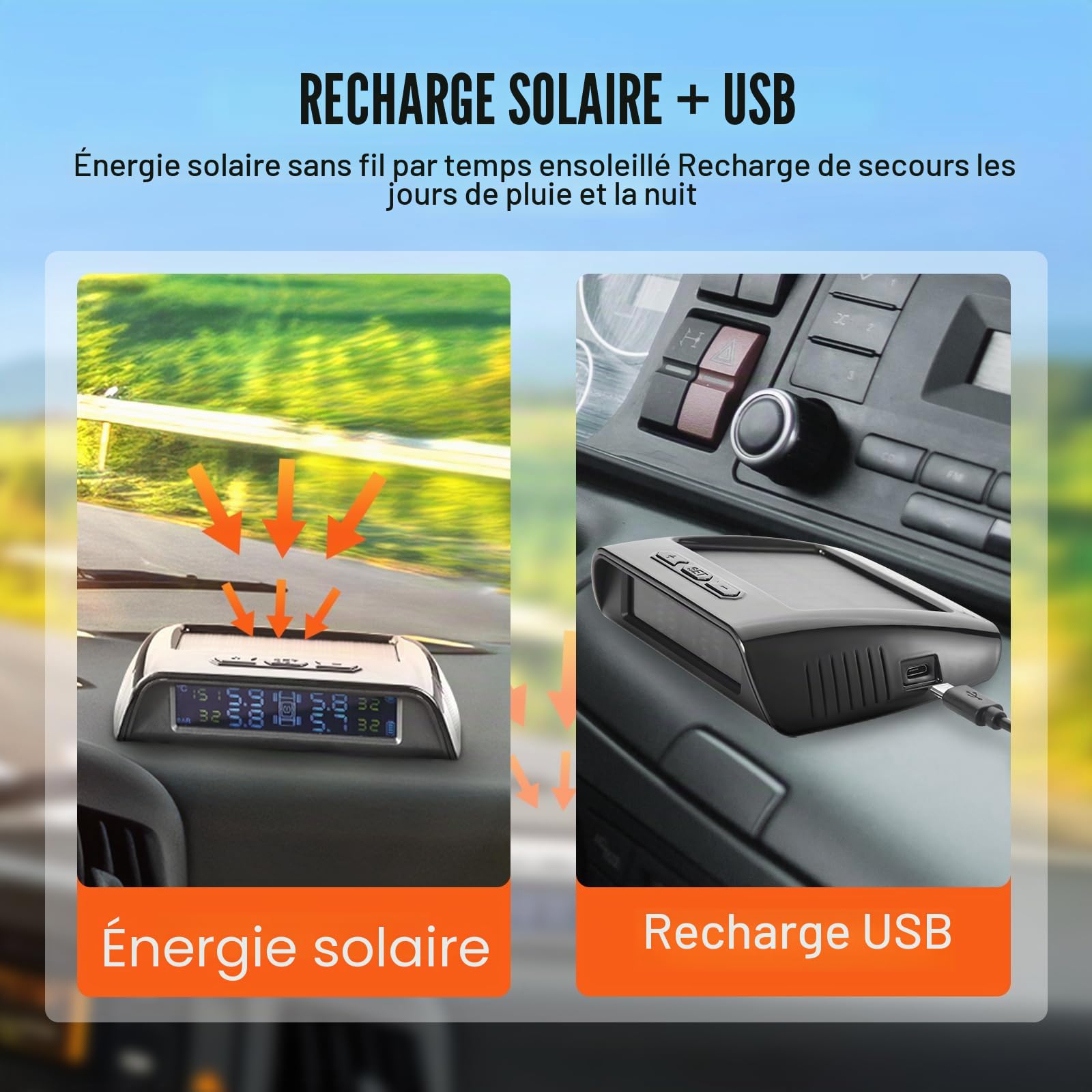 VEVOR TPMS avec 6 Capteurs, Système de Surveillance de la Pression des Pneus 0,5-8 Bars, Système d'Alarme de Voiture sans Fil Universel, Affichage en Temps Réel, 5 Modes d'Alarme, avec Charge Solaire