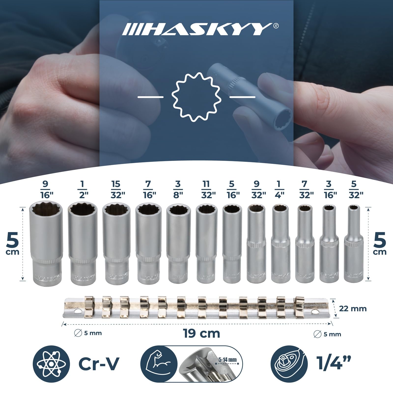 HASKYY Zestaw kluczy nasadowych Nasadowe klucze długie 5/32" - 9/16" Dwunastokąt Klucze 1/4" (6,35 mm) Zestaw 12-częściowy, każda po 5 cm długości