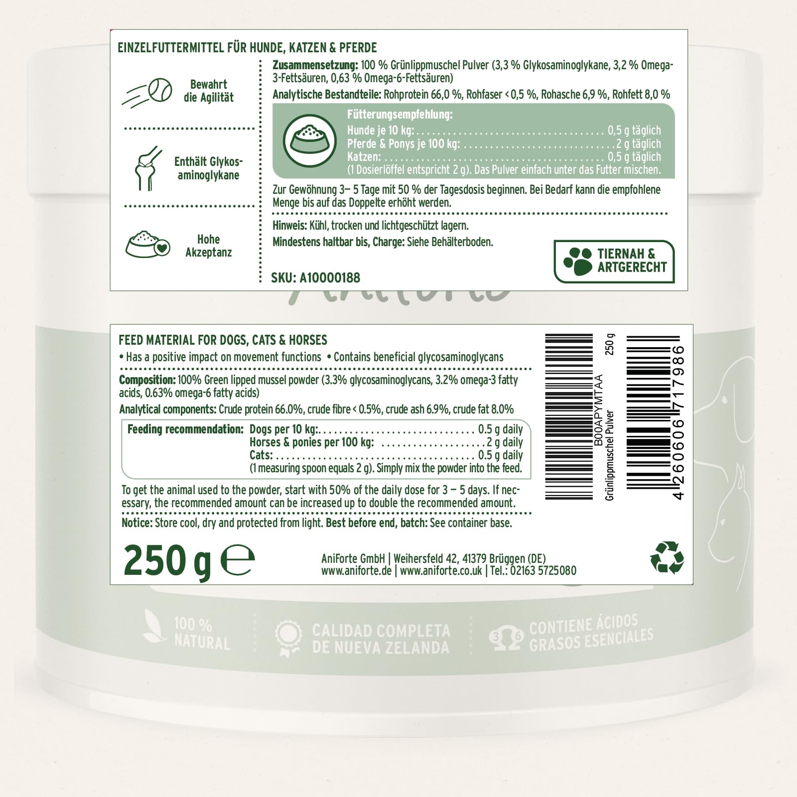 AniForte Polvo de mejillón de Labios Verdes 250g para Perros y Gatos. Condroprotector Natural, 3,3% glicosaminoglicanos y Alto Contenido graso. Apoya la Salud Articular.