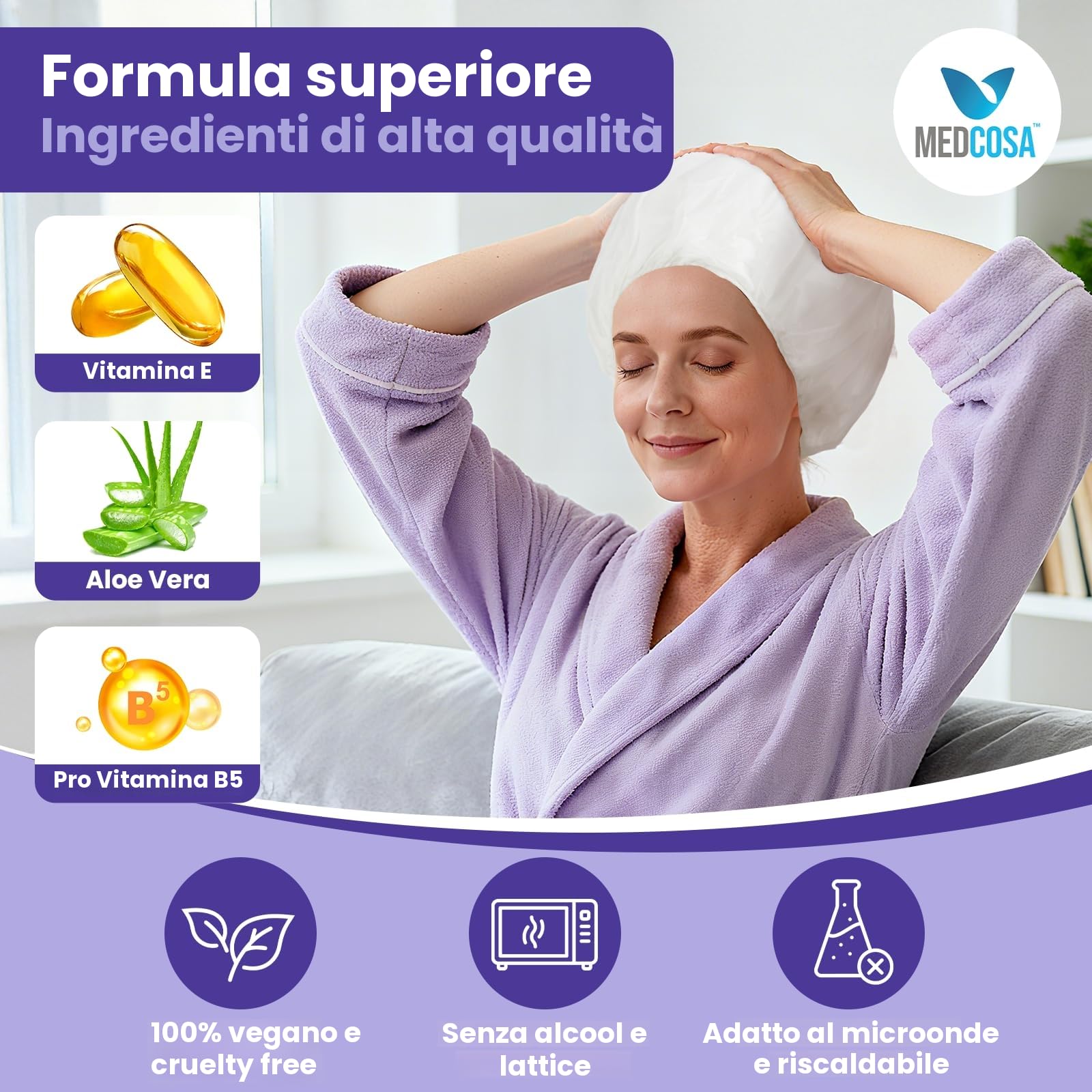 Medcosa Cuffia Shampoo a Secco - Cuffie per Lavare i Capelli senza Acqua - Shampoo senza Risciacquo - Formula con Aloe Vera Vitamina E Camomilla - 5x Confezioni con 1 Cuffia