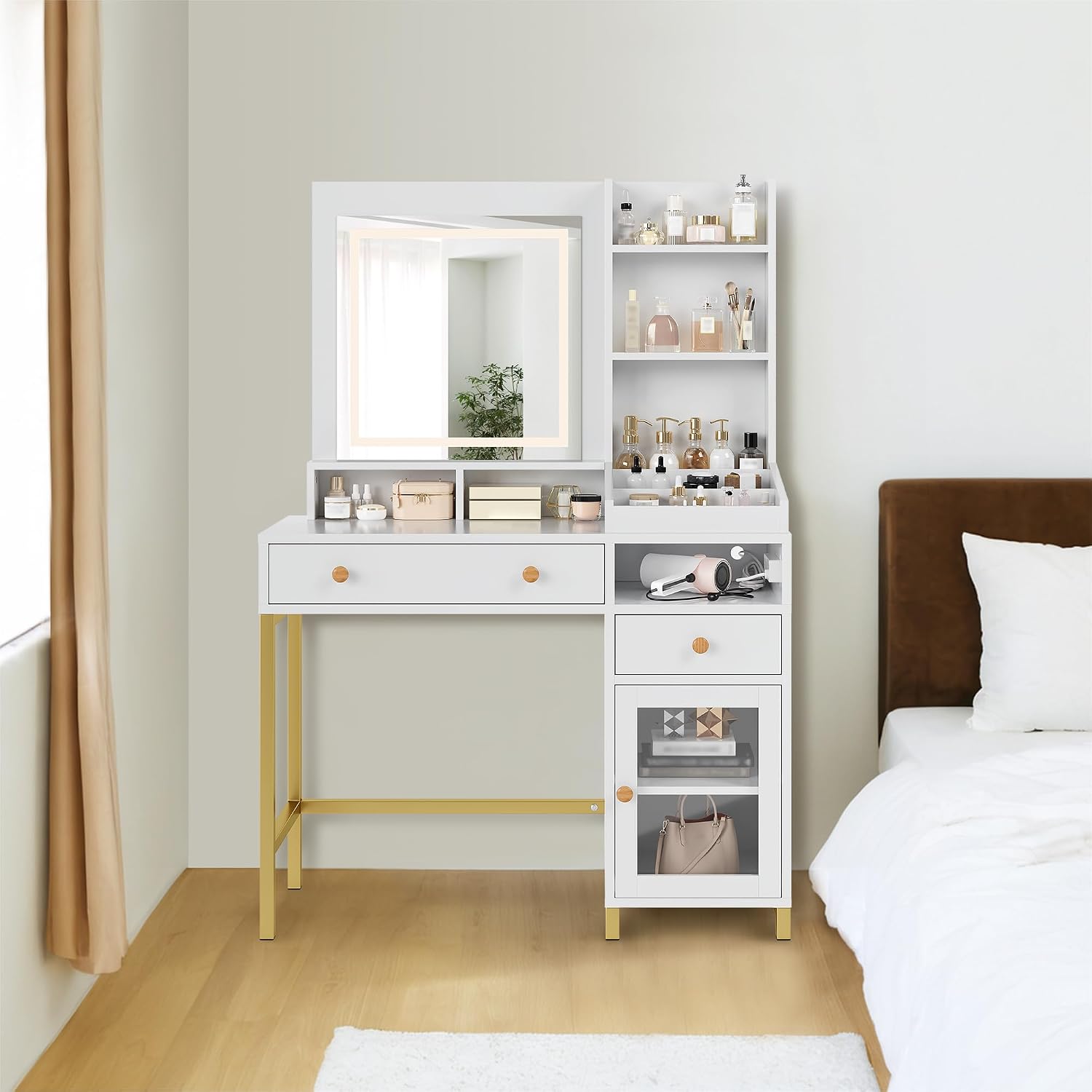 GarveeHome Vanity Desk with Mirror and Lights, Makeup Vanity Dressing Table with 3 Color LED Lighted Mirror and Power Outlet, Vanity Desk with Drawers and Shelves, Makeup Vanity Table for Bedroom