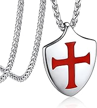 Bandmax Collier Homme Templier en Acier Inoxydable/Plaqué Noir, Pendentif Médaillon/Bouclier avec Croix Templière, Bijou de Protection