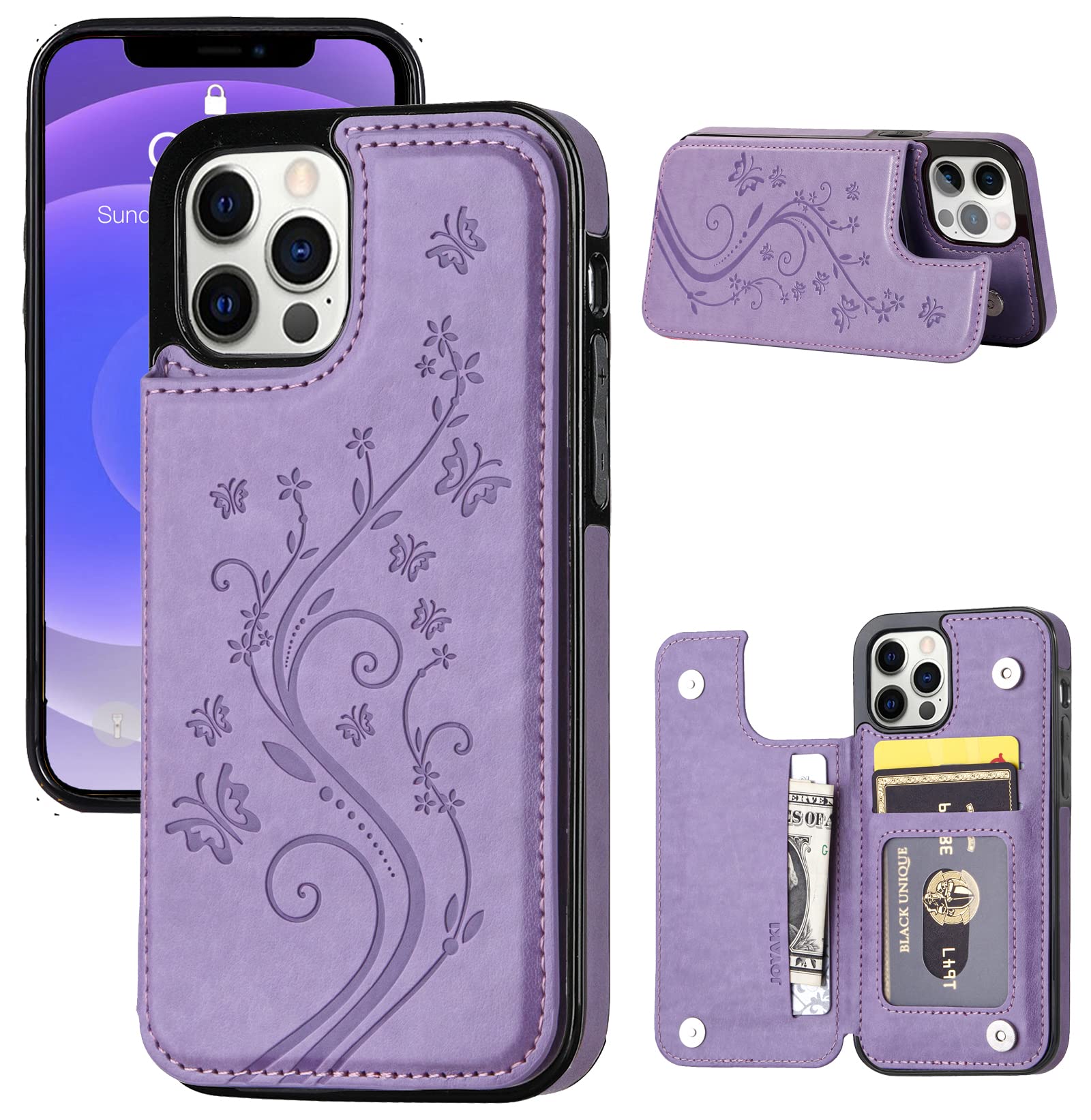 JOYAKI Wallet Case for iPhone 12 Pro/12,Slim Protective case with Card Holder,Embossed Butterfly Premium PU Leather Kickstand Case with 1 Screen