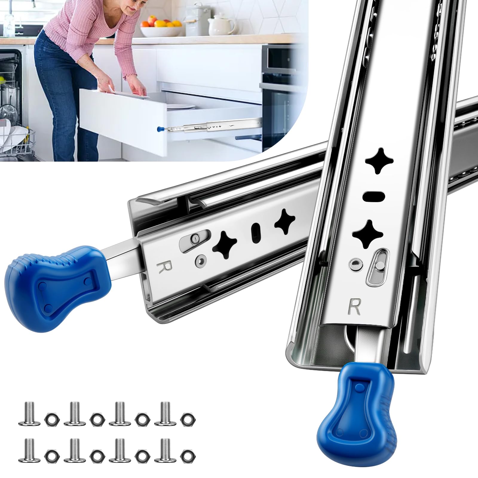 Scorrevoli per cassetti resistenti da 96,5 cm, estensione completa per cassetti con serratura, capacità di carico 113,4 kg, guida di bloccaggio industriale con cuscinetto a sfera laterale argento 96,5
