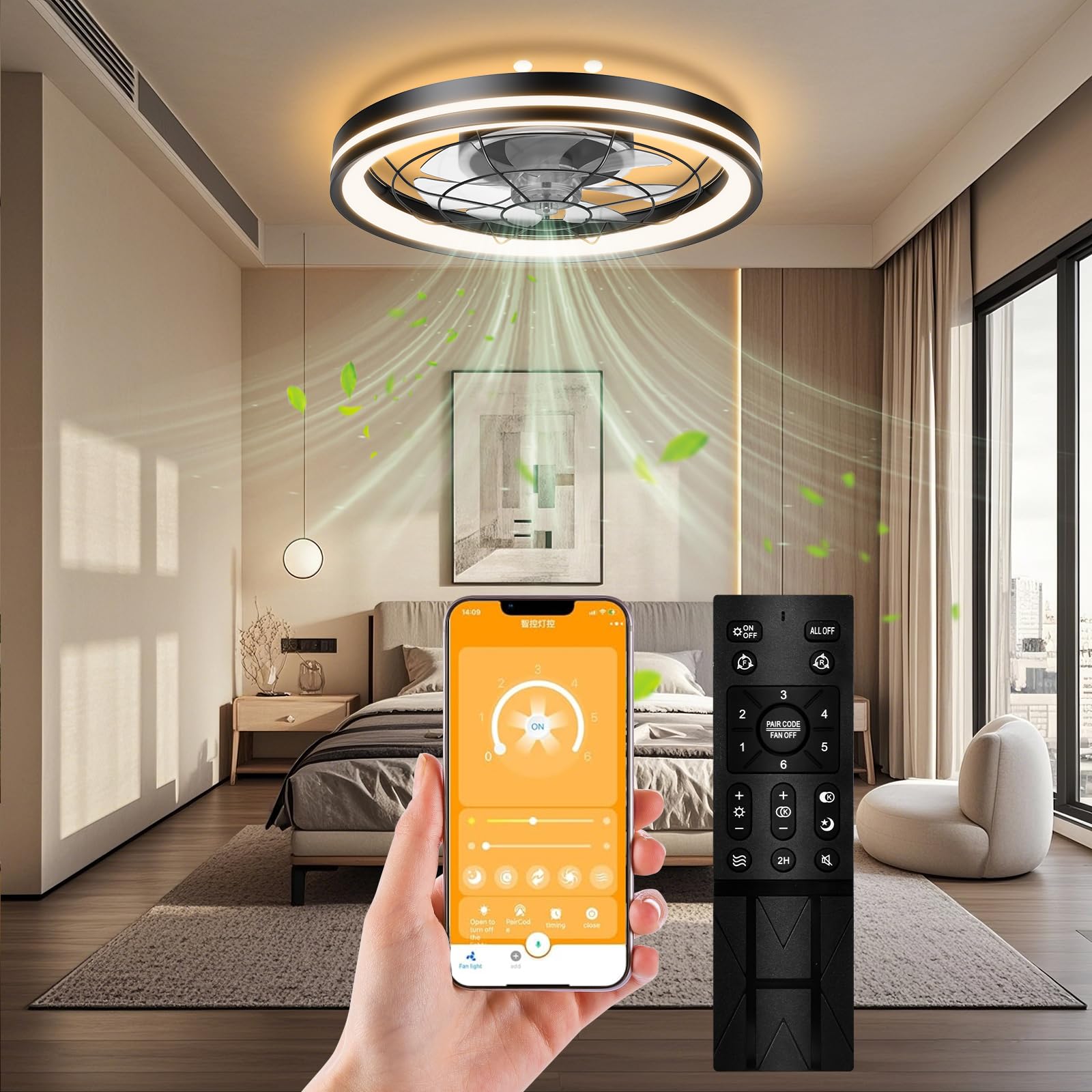 Low Profile Ceiling Fan with Light and Remote Bladeless Bedroom Ceiling Fan with Light, 20in Small Flush Mount Ceiling Fan Dimmable Modern Enclosed Ceiling Fans for Small Room - Black