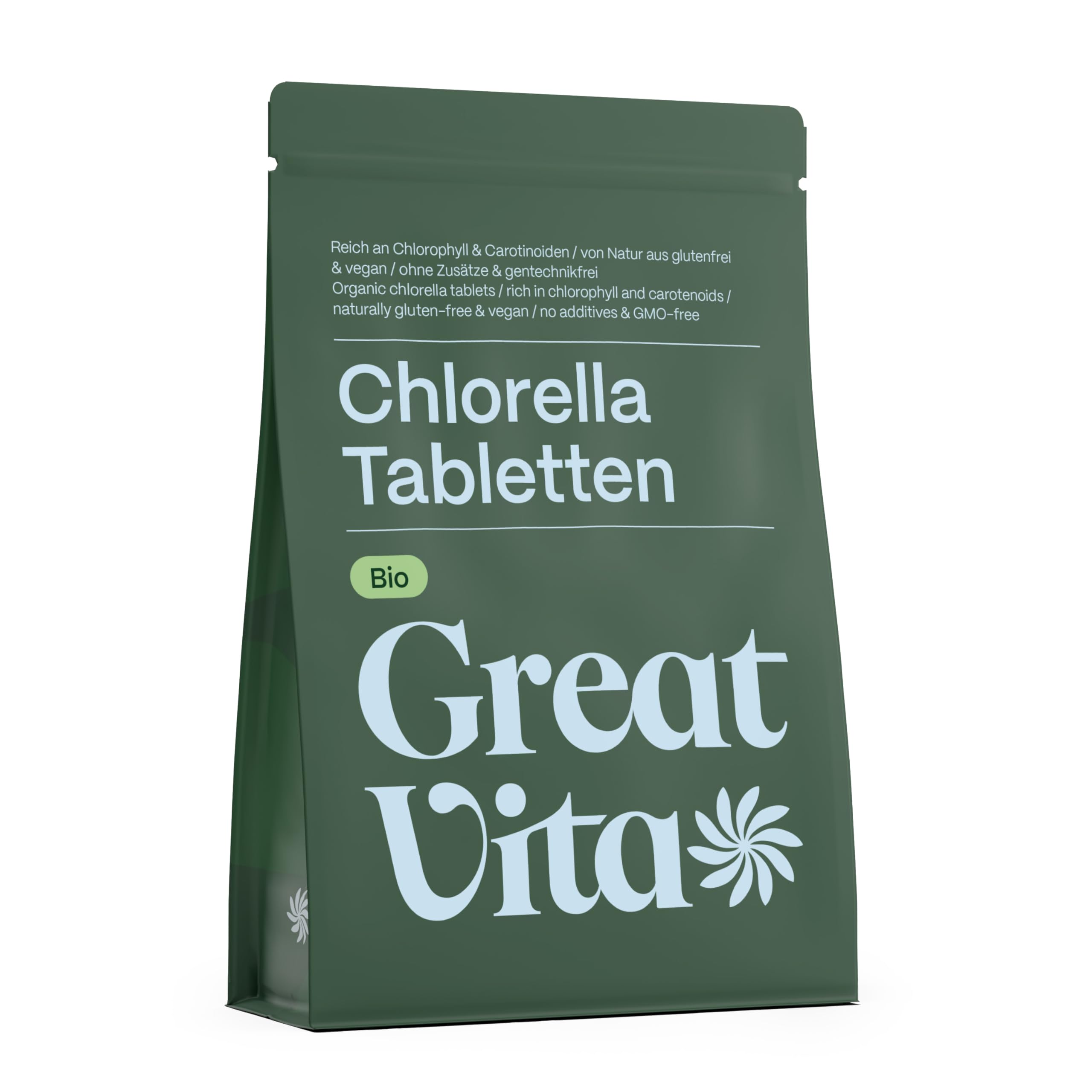 GreatVita Chlorella Bio Lot de 1 600 comprimés de chlorelle bio - 500 mg - 800 g - Sans additifs - Végétalien et durable - Riche en chlorophylle et caroténoïdes