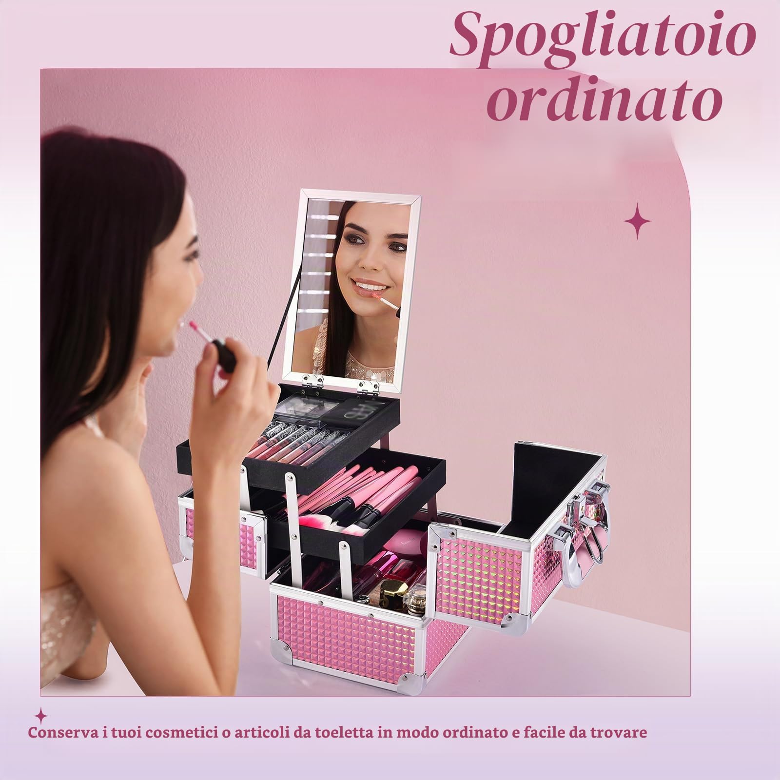 Valigetta Trucchi Beauty Case porta Trucco Valigia porta Trucchi Valigetta per Trucco Vassoi per Truccatore Custodia Cosmetica con Specchio, Rosa Olografico