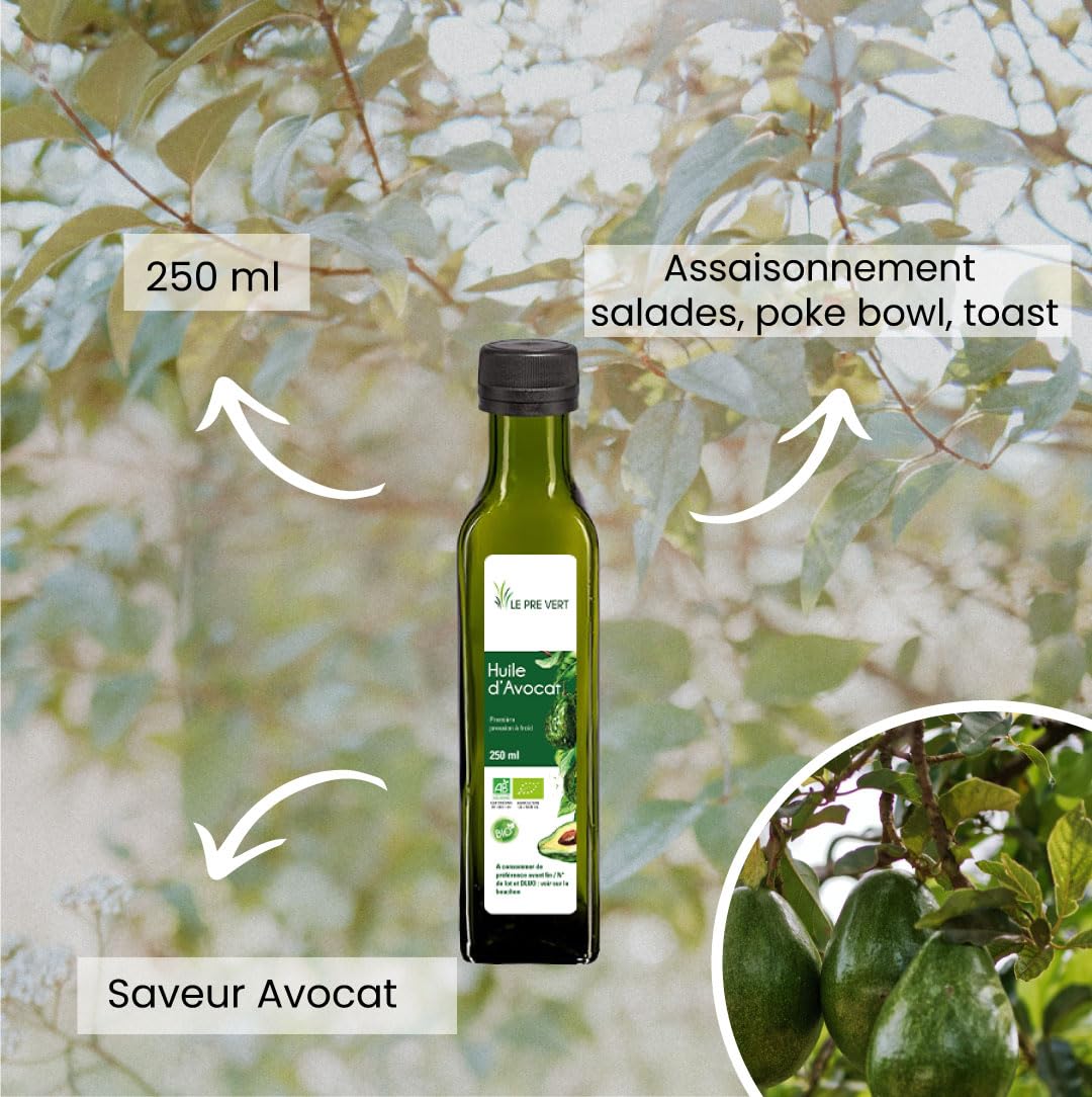 HUILE D'AVOCAT BIO - Source d'Oméga 6 & 9 - Le Pré Vert - 250 ml - Vierge - Fabriquée et extraite à froid