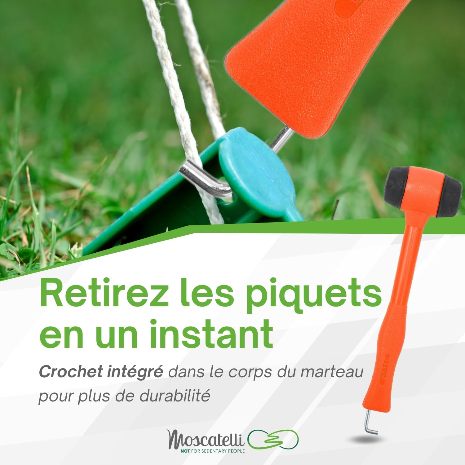 MOSCATELLI - Maillet de Camping Polyvalent, Robuste et Ergonomique avec Crochet pour extraire Sardine et Piquets - Orange
