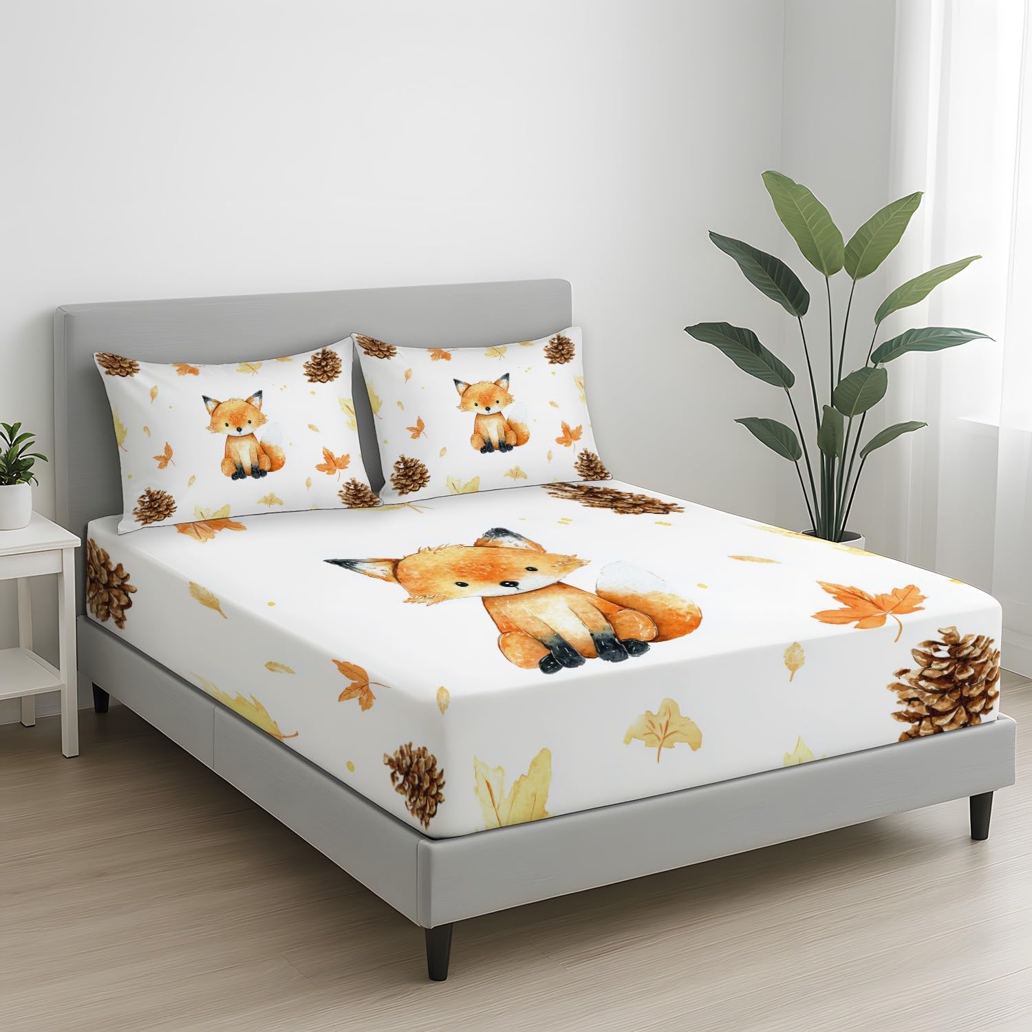 Herbst Fuchs Spannbetttuch Minimalistisch Ländlich Kiefernzapfen Fuchs Spannbettlaken 200 x 200 x 30 cm 3teilig Mikrofaser Bettwäsche Set mit 2 Kissenbezüge 80 x 80 cm Kein Flachbettlaken