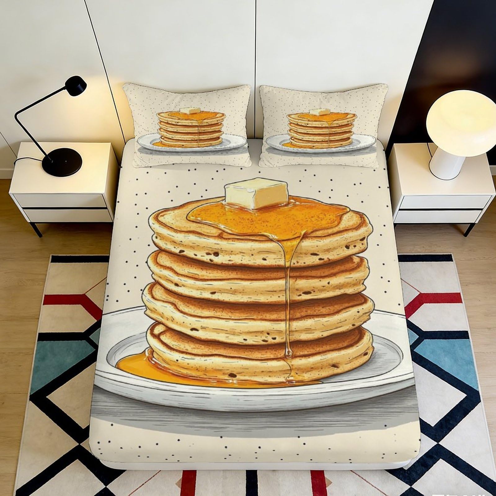 3D Printed Pancake Stack Fitted Sheet Microfiber Non-Slip Bed Sheet Breakfast Design for Bedroom Guest Room Decor 90x200x25cm