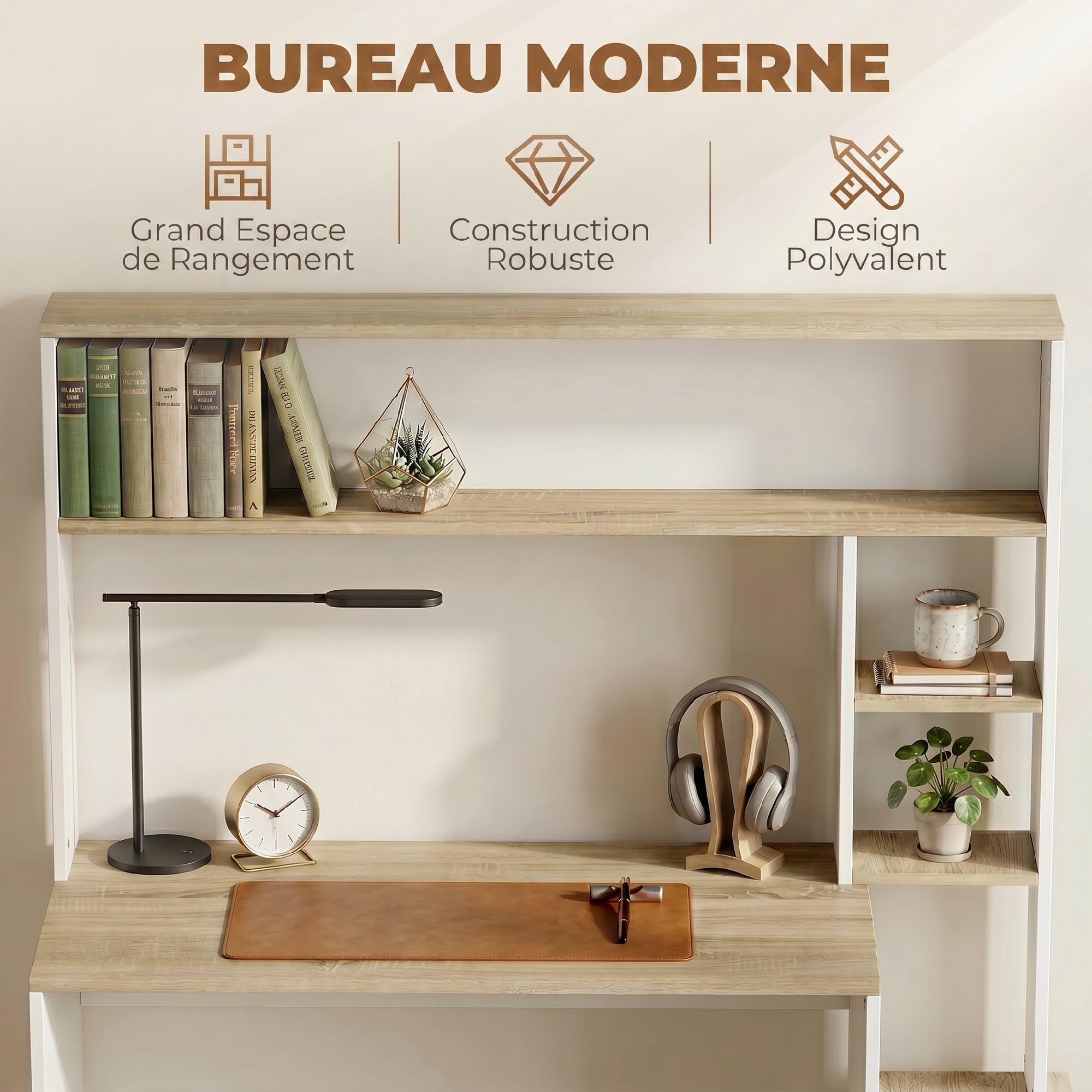 HOMCOM Bureau avec Rangement 114 x 45 x 138 cm Blanc et Bois Naturel