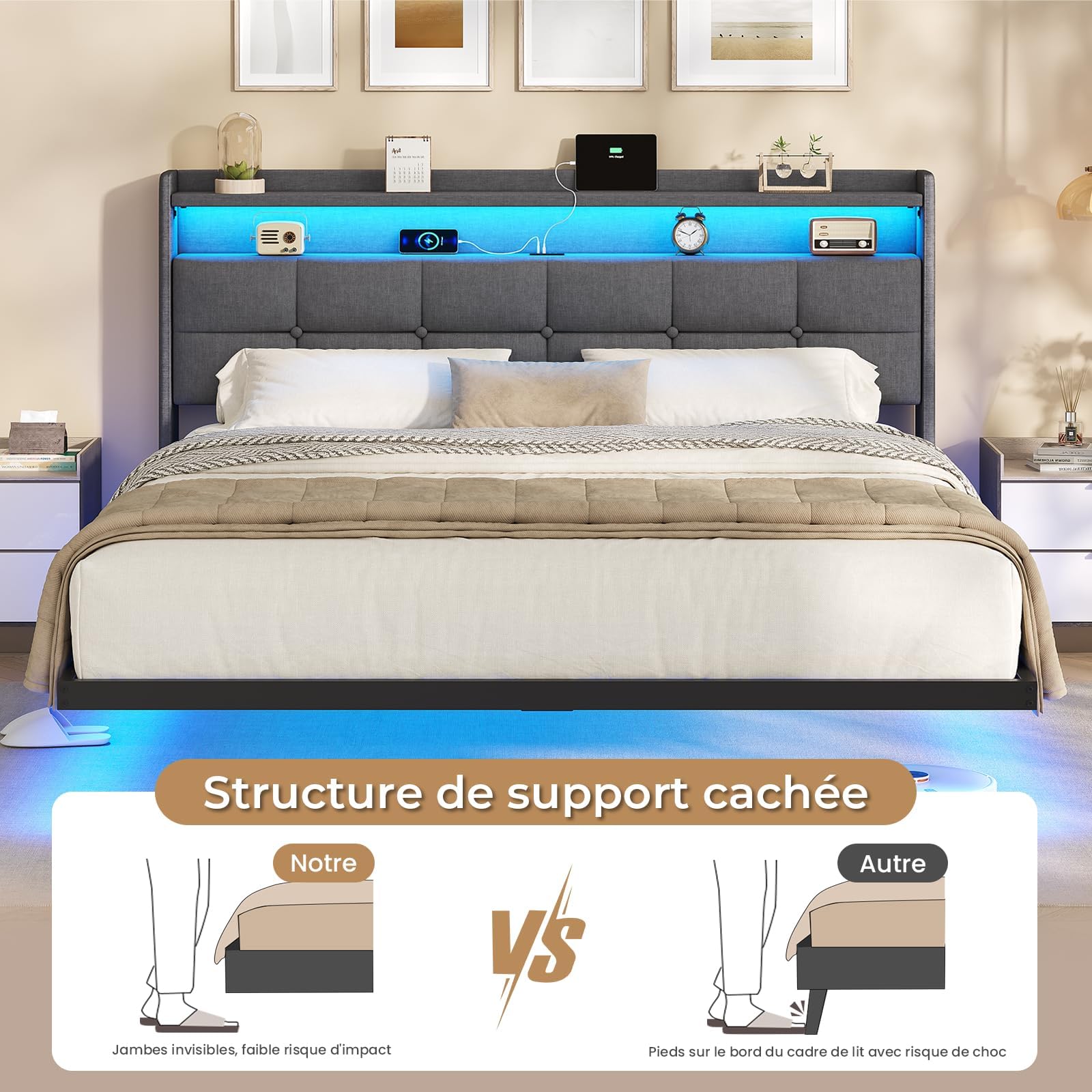 AOGLLATI Letto Matrimoniale 160x200 cm con Effetto Visivo Levitante, Struttura Letto con LED e Stazione di Ricarica, Letto con Testiera Imbottita e Struttura in Metallo, Senza Materasso, Grigio Scuro