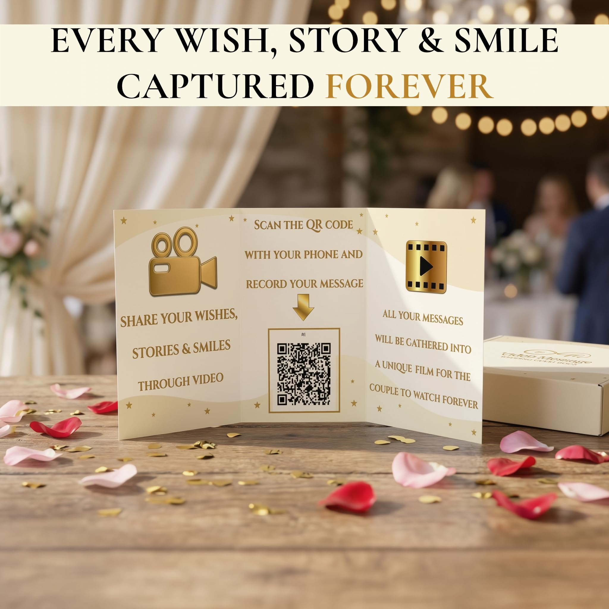 Livre d'or vidéo pour mariage avec code QR – Alternative au livre d'or de mariage, les invités enregistrent des messages vidéo sur leur téléphone, sans application – Film édité en 24 heures – Kit avec
