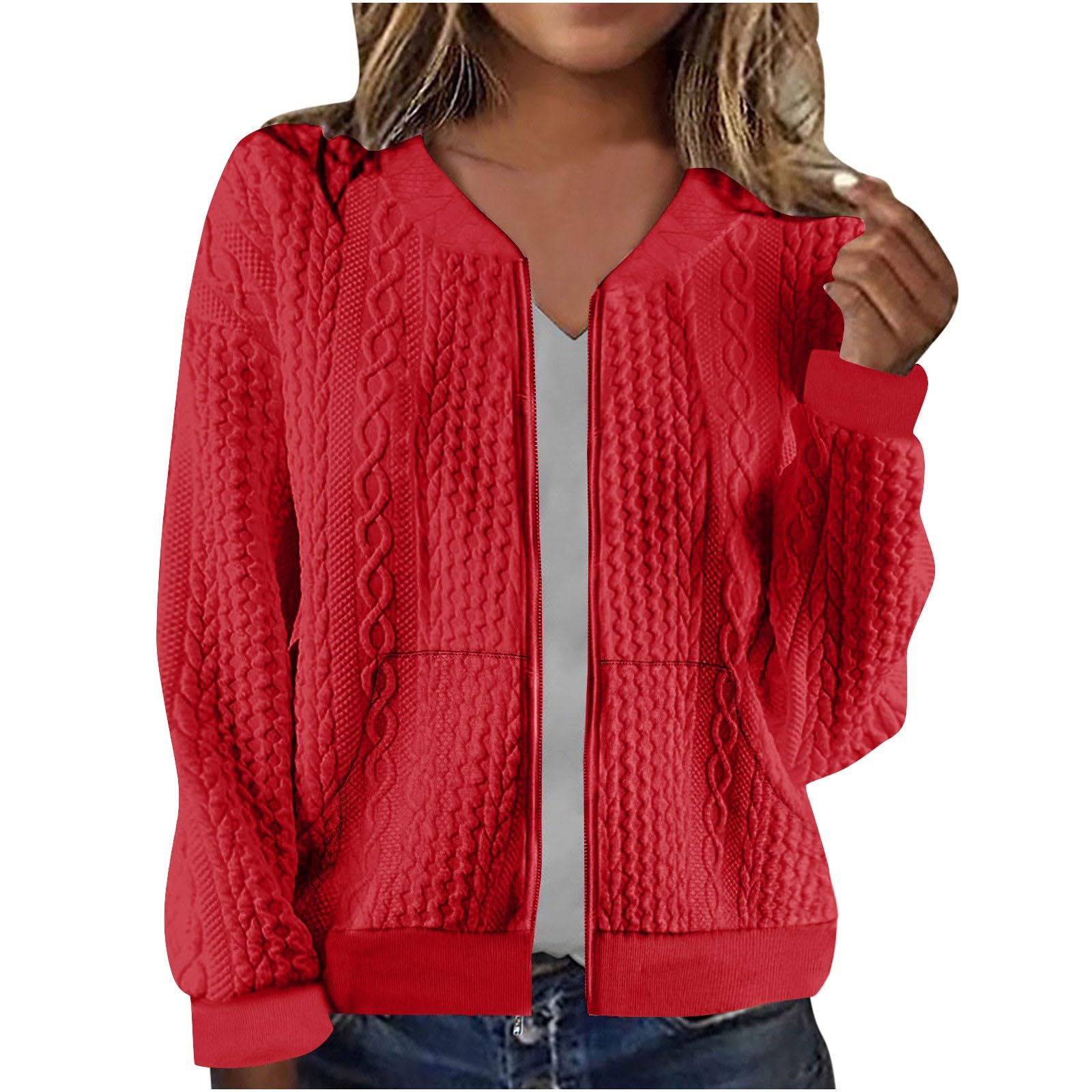 Womens Zip Up Cable Knit Sweater Long Sleeve Open Front Cardigan Warm Cardigan with Pockets Outwear Coat