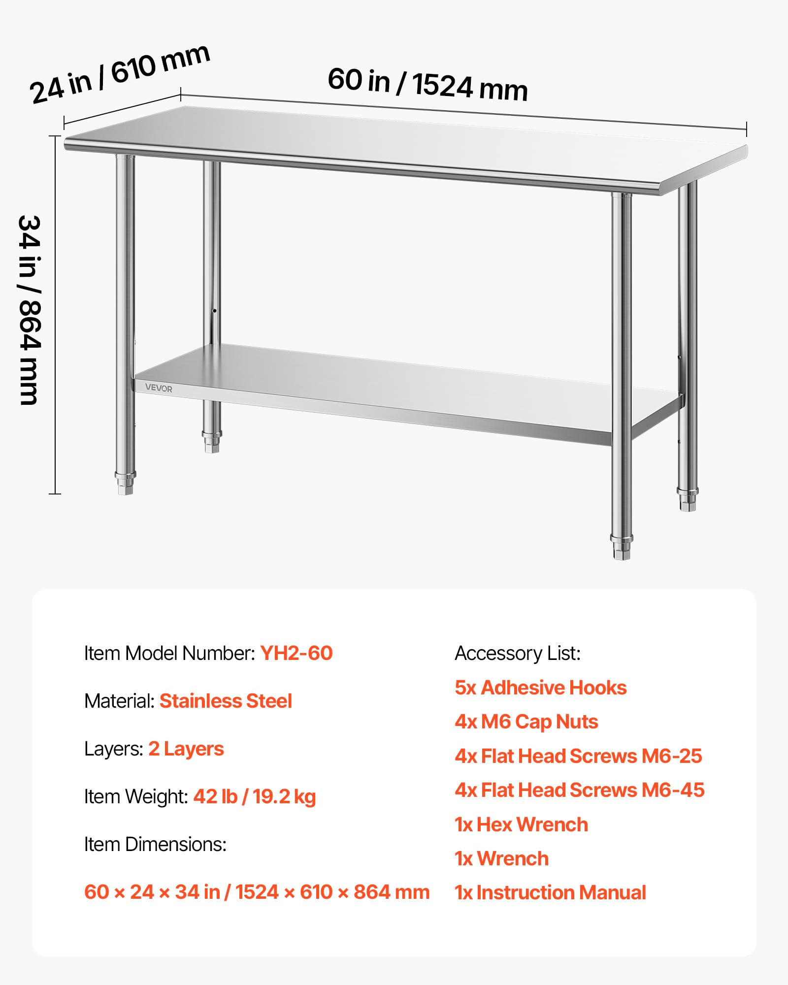 VEVOR Tavolo da Lavoro Commerciale da Cucina 152,4 x 61 cm in Acciaio Inox, Postazione di Lavoro Preparazione di Piatti Cibo, Catering Ristoranti Hotel, Ripiano Inferiore Regolabile, Acciaio Inox