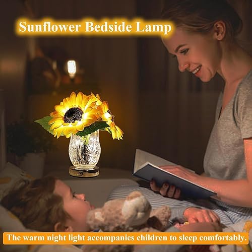 Miniatura 3 de Lámpara de mesa de girasol, plantas artificiales LED con florero de cristal, luz nocturna recargable por USB, lámpara de escritorio regulable sin
