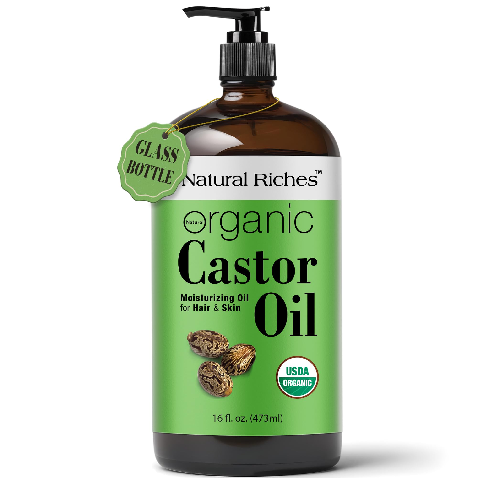 Natural Riches Organic Castor Oil Glass Bottle - USDA Certified, 100% Pure, Unrefined & Cold Pressed – Soothes Dry Skin, Scalp - For Hair Growth &