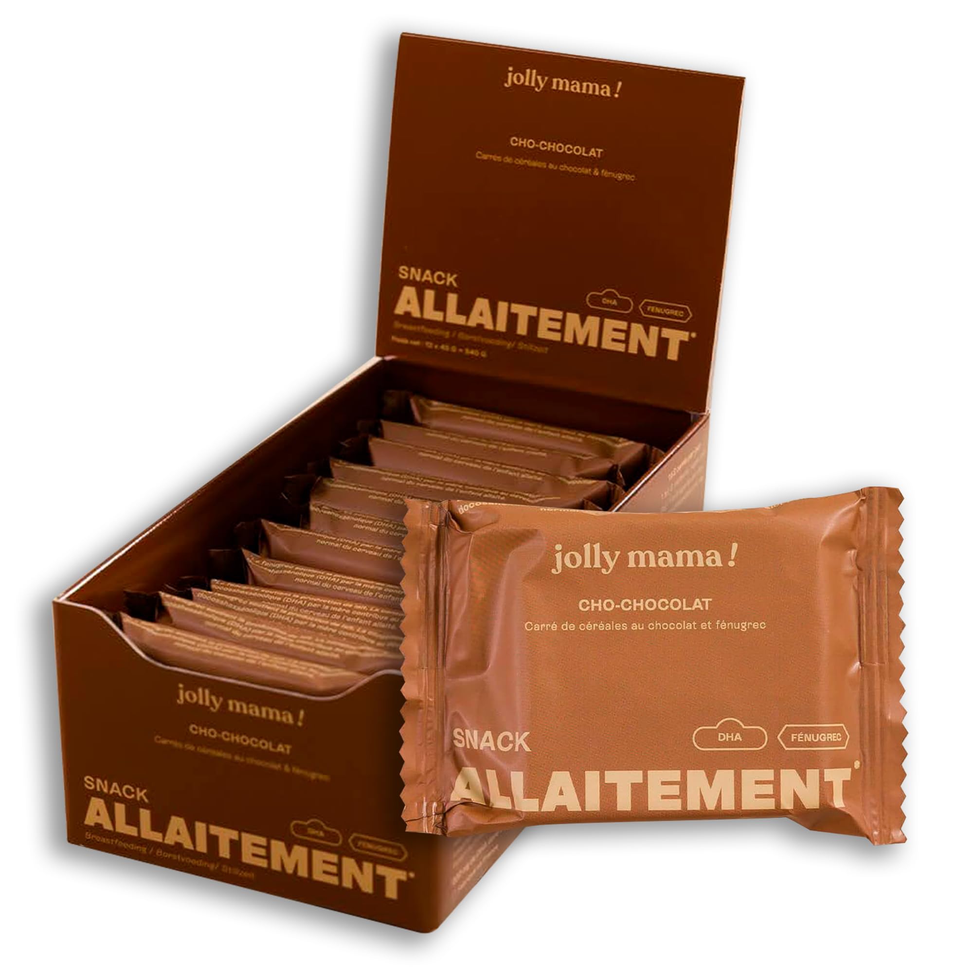 Jolly mama! Lot de 12 Barres Céréales Cho-Chocolat | Snack Boost Allaitement | Fénugrec et DHA Végétal | 100% Vegan et Naturel | Fabriqué en France