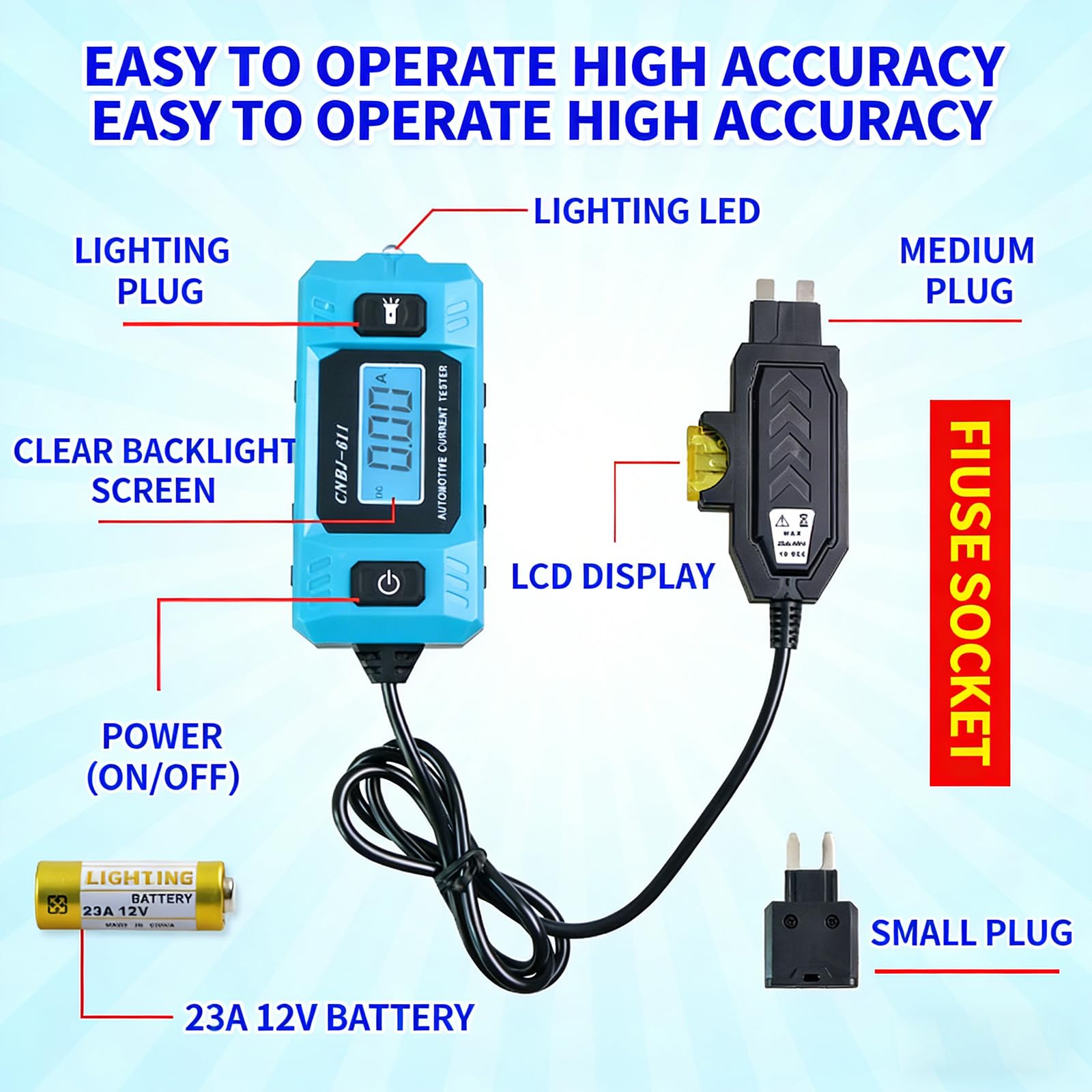 0.01-19.99A Strumento diagnostico per sistemi elettrici 12 / 24V Rilevatore tester corrente per auto 2/3 Analizzatori circuito fusibili automobilistici Curr Meter