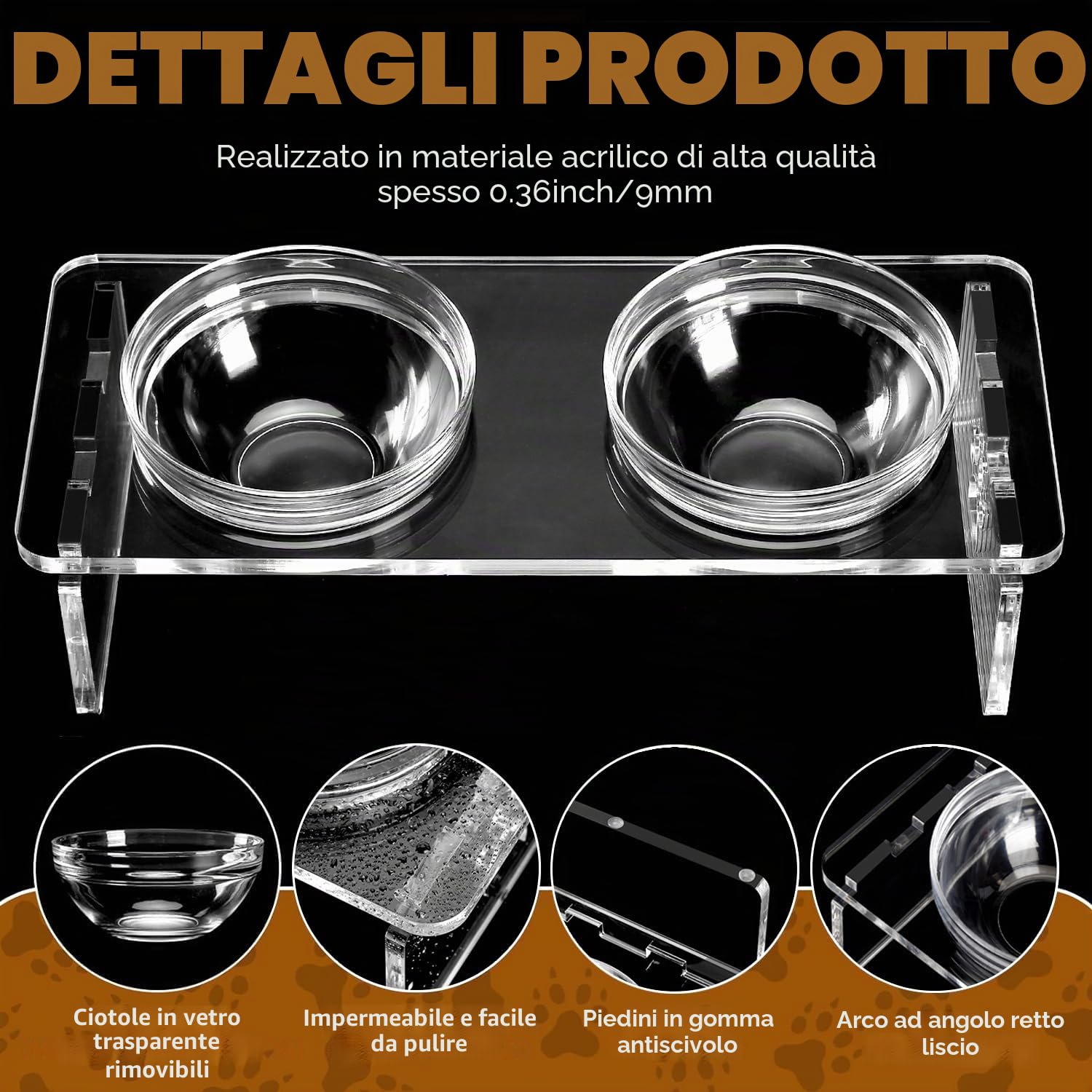 Set di ciotole rialzate per cani e gatti, supporto per mangiatoia in acrilico con 2 set di ciotole rimovibili in acciaio inossidabile e vetro per cibo e acqua, per piccoli animali domestici, 9,5 cm