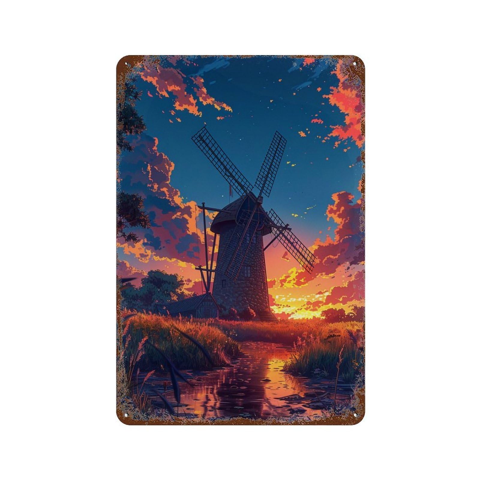 Windmill Sunset Serenity Rust Effect Tin Sign 11.8"x7.9", Rustic Home Decor for Garage, Bar And Workshop Decor