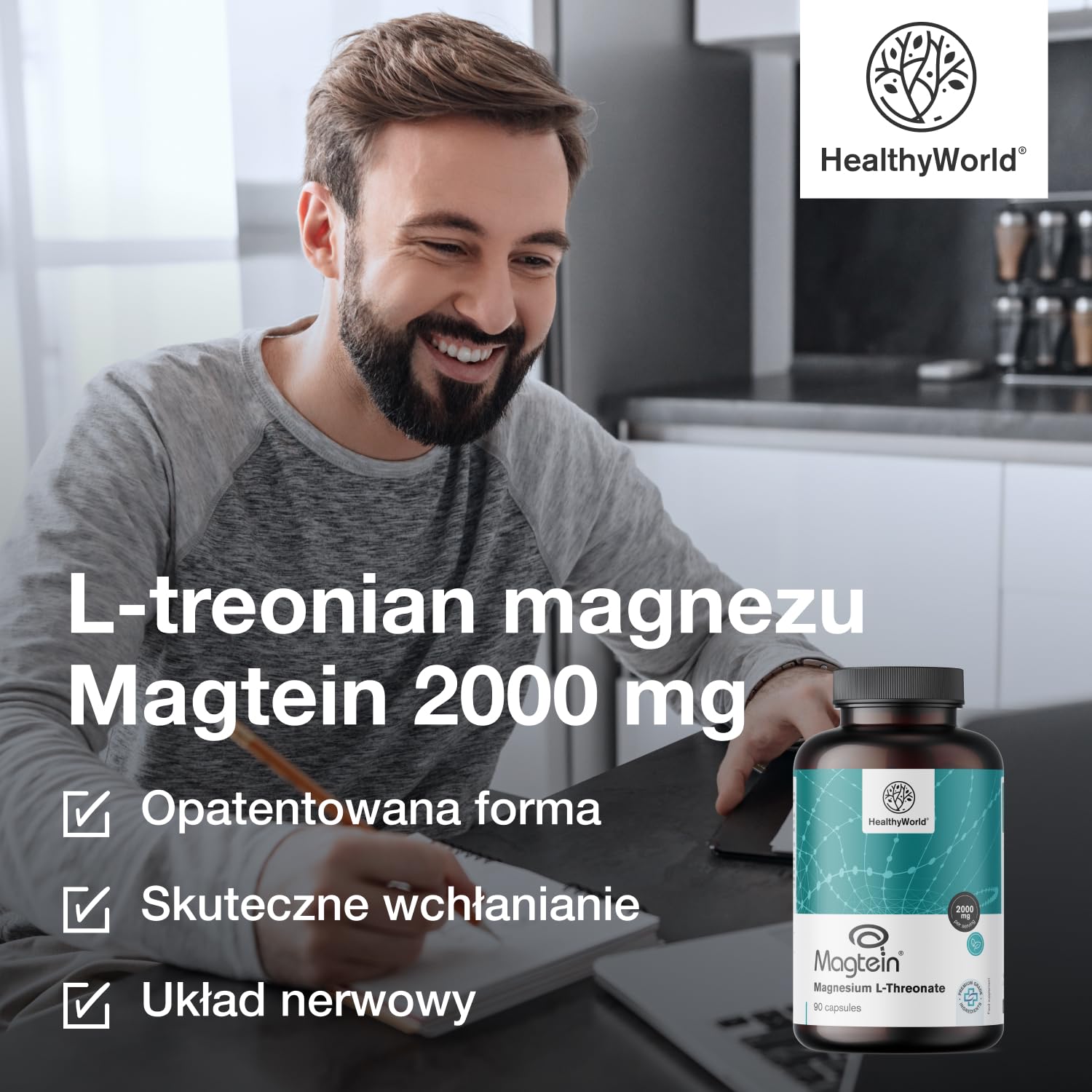 HealthyWorld L-treonian magnezu Magtein 2000 mg – 90 Kapsułek – Opatentowana forma – Wsparcie Układu Nerwowego i Witalności – Wysoka Absorpcja – Bez Alergenów