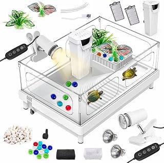 GOZILLA Small Acrylic Turtle Tank Kit with Lamp, Filter & Accessories - Compact Reptile Terrarium for Baby Turtles (15.4x10.6x7.1")
